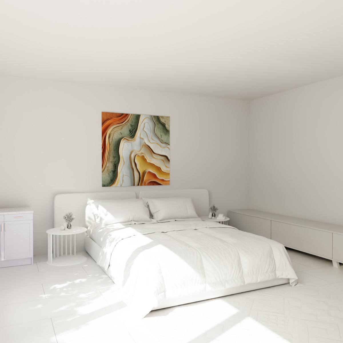 Courbes minérales ocre et vert sauge du tableau Terracotta au-dessus d'un lit dans une chambre claire
