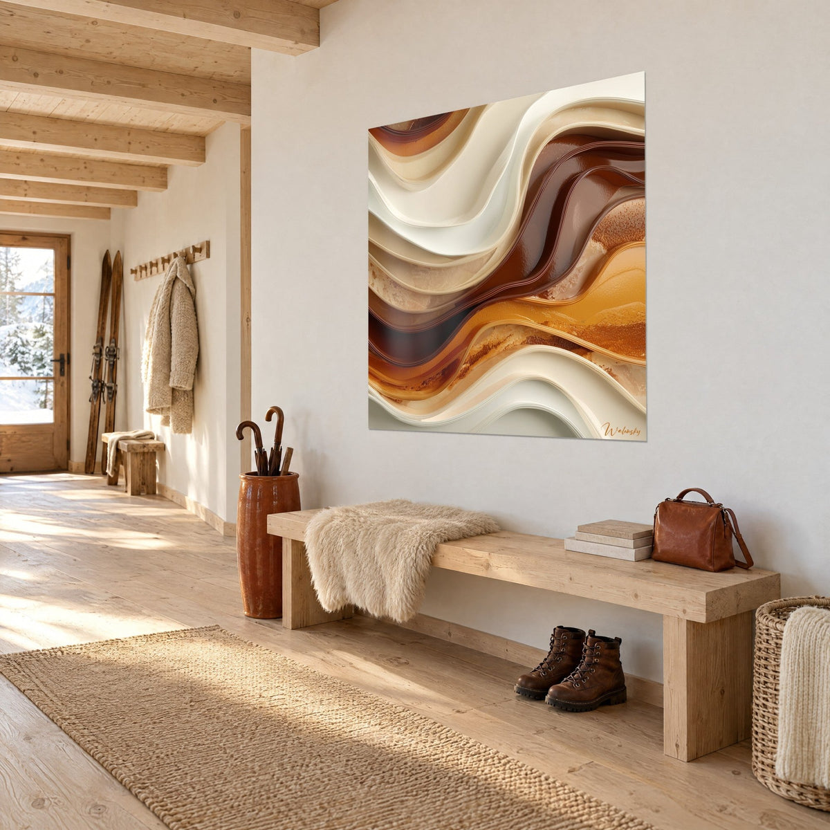 Schilderij zijdezachte stroom in chocoladebruin en crème, schuine blik op een witte muur, lichte houten bank, chalet