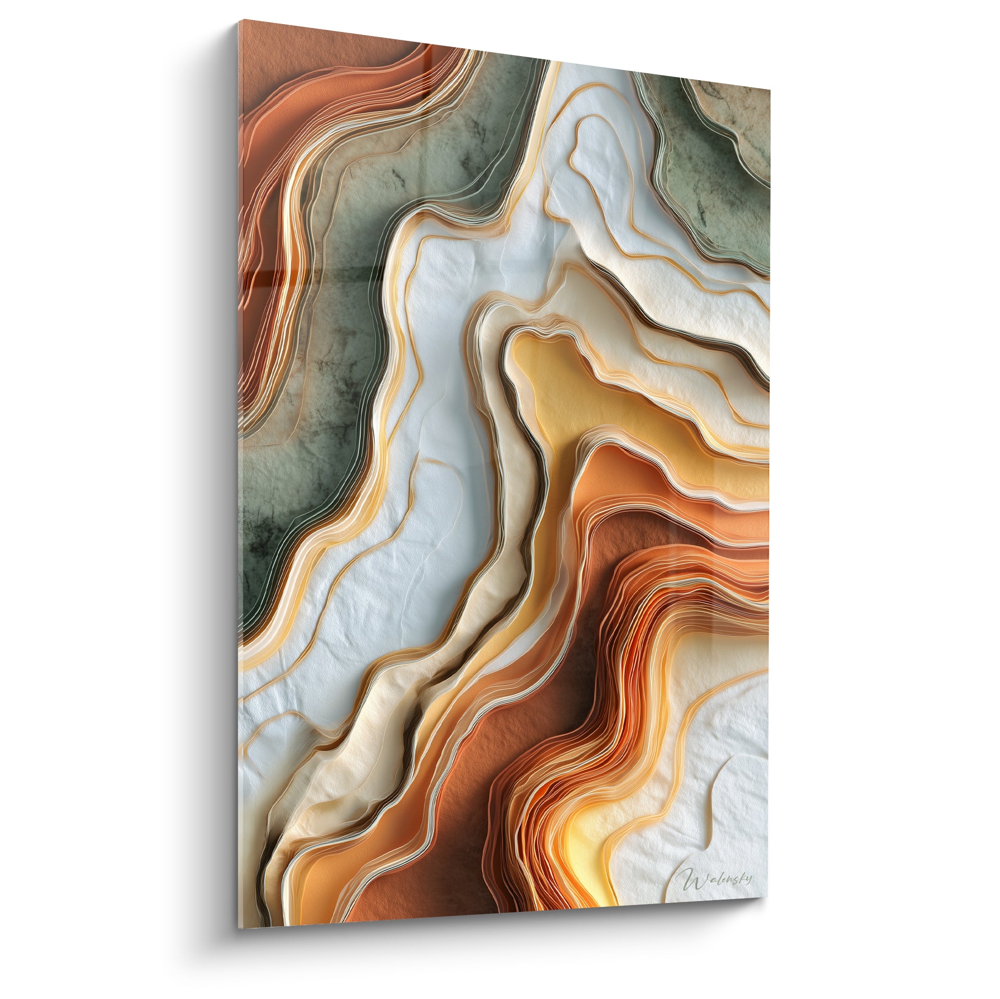 Strates terracotta et vert sauge ondulent en courbes minérales sur fond blanc texturé, style agate.