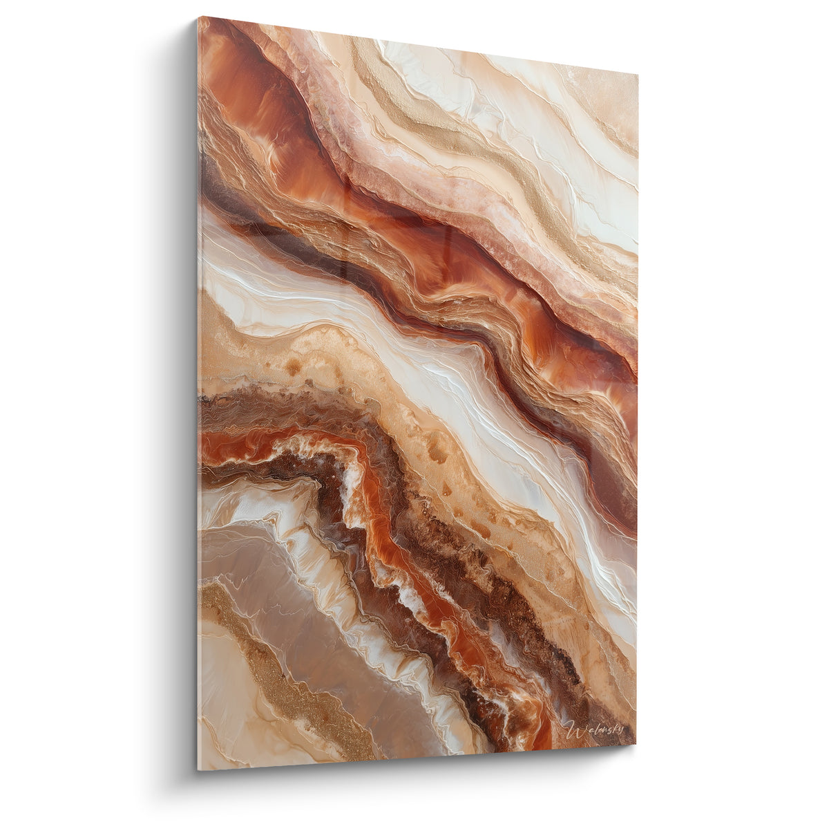 Strates ocre et brun cuivré en vagues sinueuses, motif minéral façon onyx sur tableau Terracotta