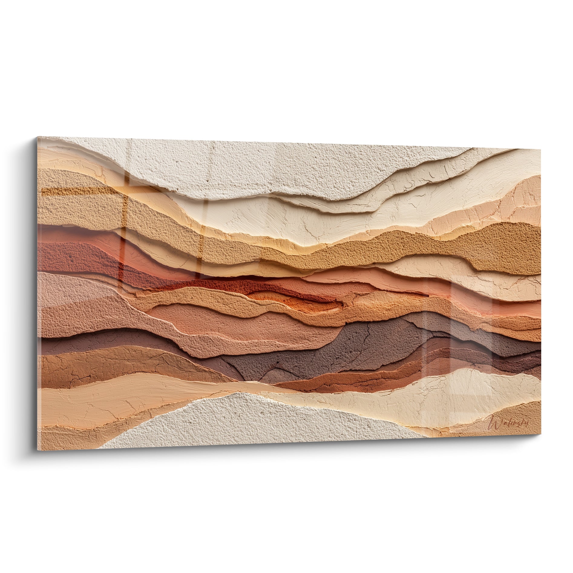Strates ocre, terracotta et anthracite sculptées en relief sur ce tableau Terracotta minéral