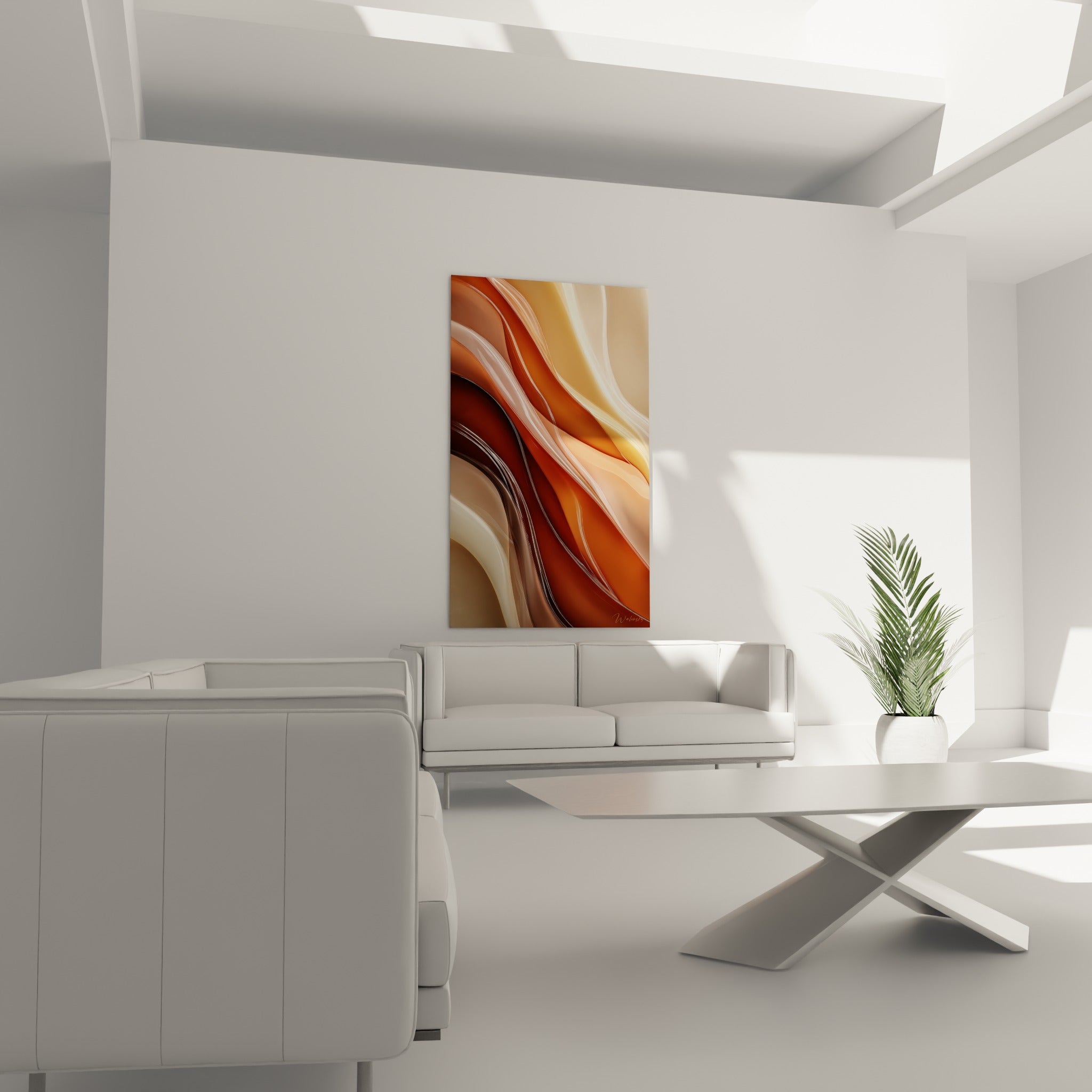 Strates orange brûlé et beige aux reflets vitrés du tableau accrochées au-dessus d'un canapé dans un salon lumineux