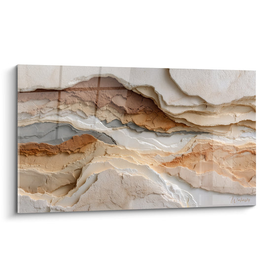 Strates minérales ocre, terracotta et gris anthracite superposées en relief texturé sur toile
