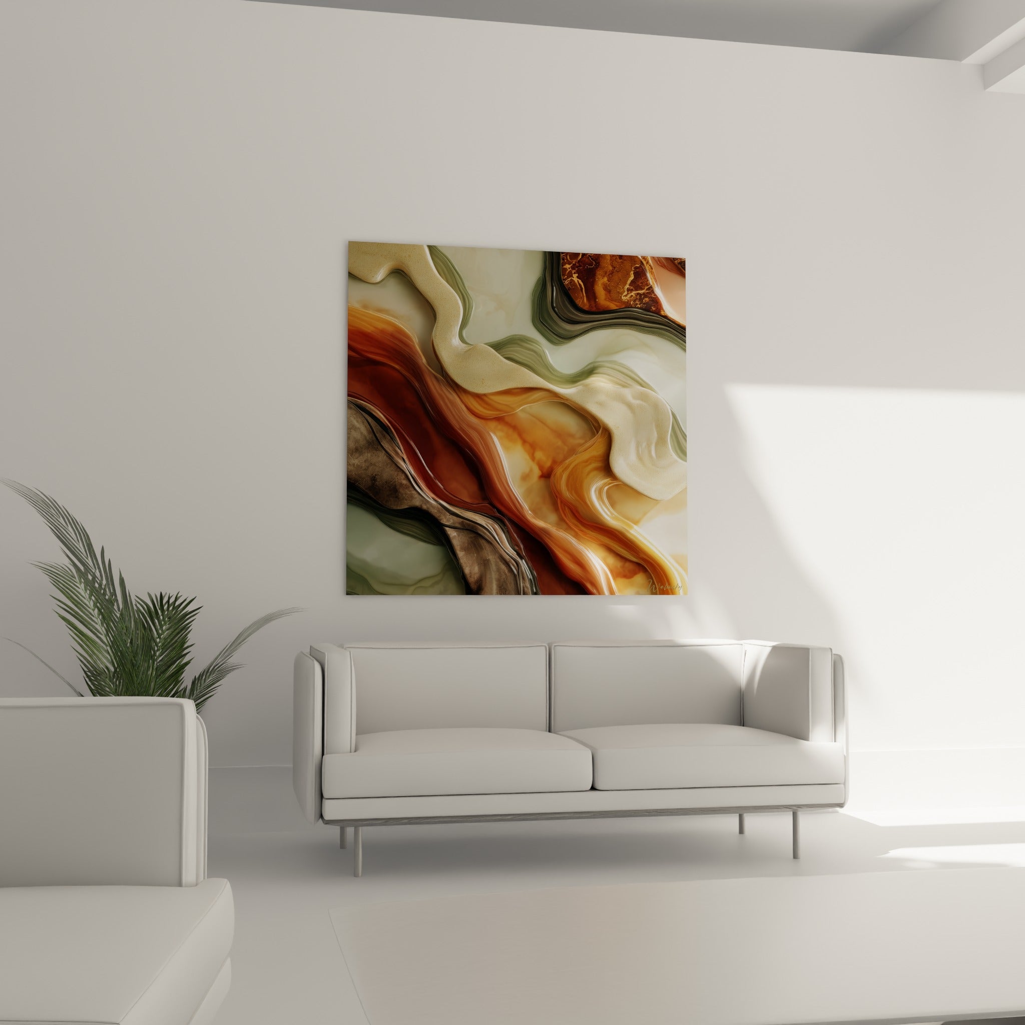 Strates fluides vert sauge et terracotta du tableau se déploient au-dessus d'un canapé dans un salon lumineux