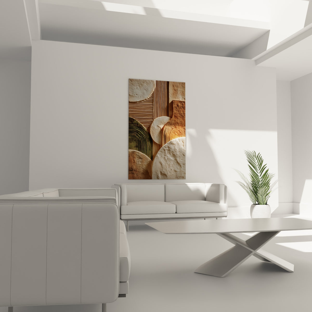 Surface texturée rouille et vert sauge du tableau Terracotta suspendue au-dessus d'un canapé dans un salon lumineux.