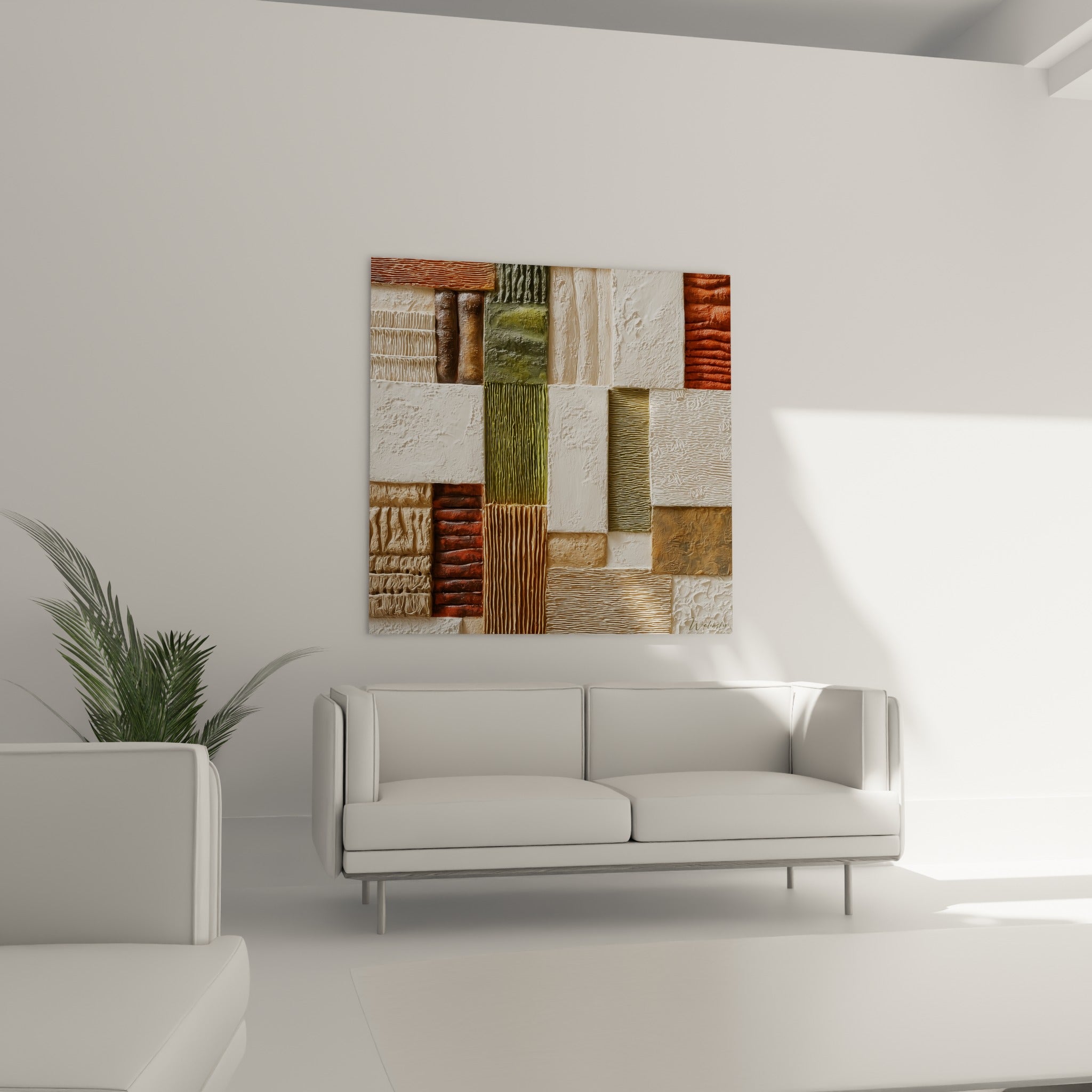 Assemblage Terracotta strié ocre et vert olive suspendu au-dessus d'un canapé dans un salon lumineux
