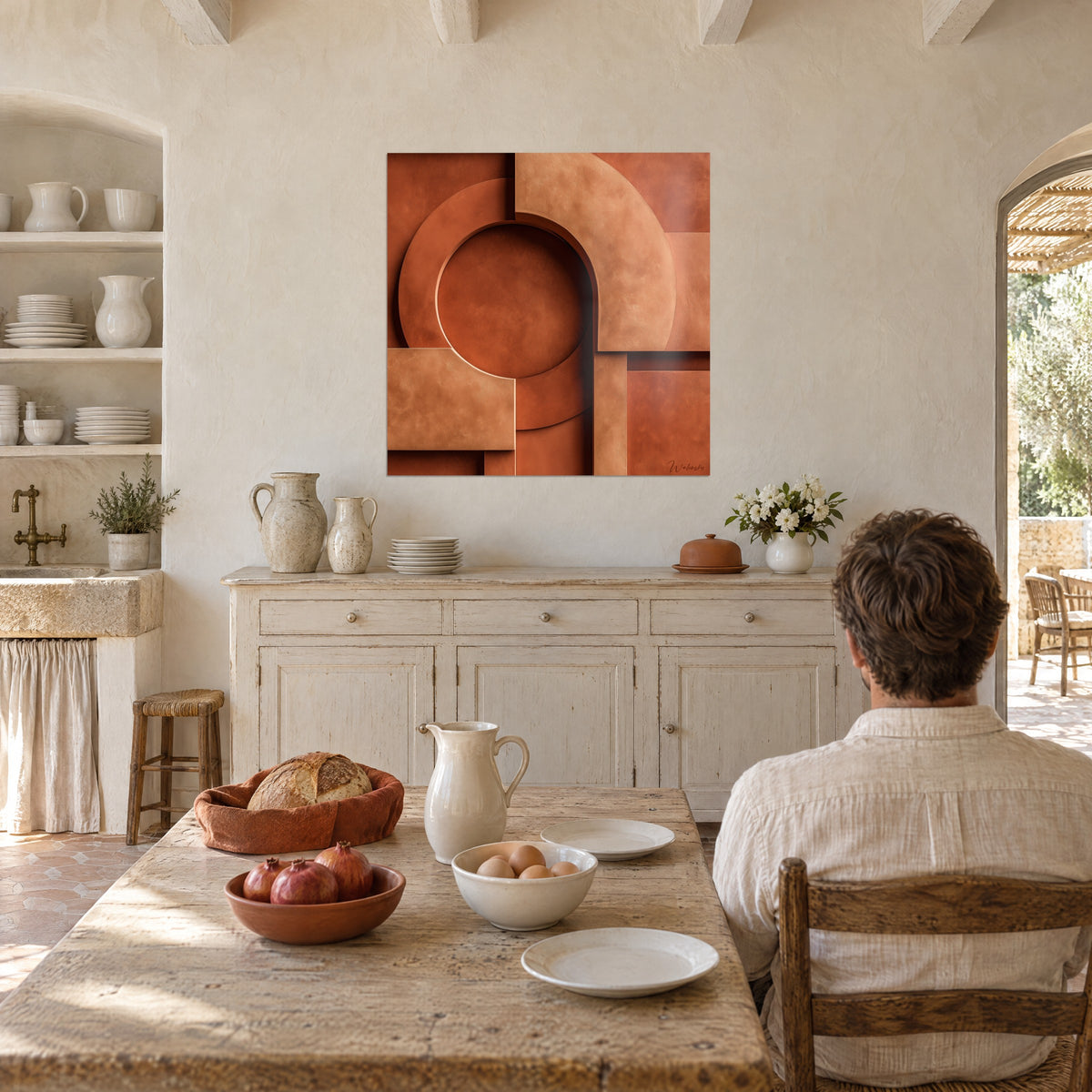 Cuadro pórtico circular color ladrillo rodeado de placas arena y naranjas, hombre de espaldas sentado a una mesa en una cocina del mas provenzal