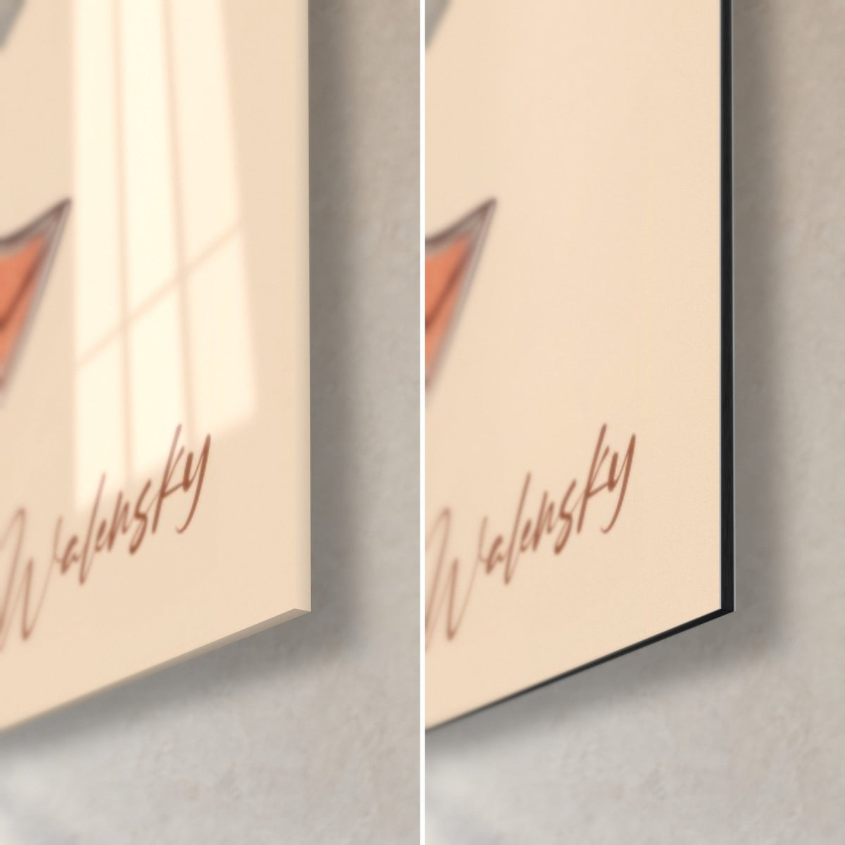 Tableau visages entrelacés en aquarelle crème et bordeaux, coin bas droit, signature Walensky, verre brillant et Dibond mat