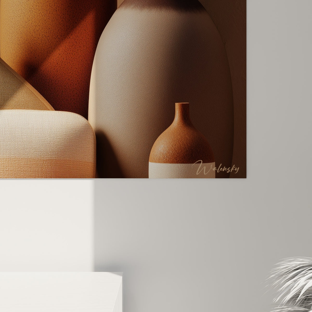 Grain texturé des vases en terre cuite orangée et beige, matière granuleuse visible sur l'œuvre encadrée