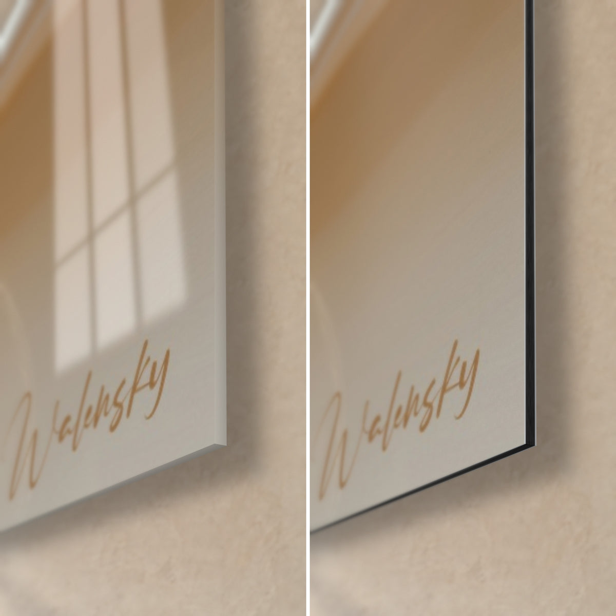 Schilderij met satijnen golven in terracotta en crème, rechtsonder: glanzend acrylglas en mat zwart Dibond, rand van 3 mm