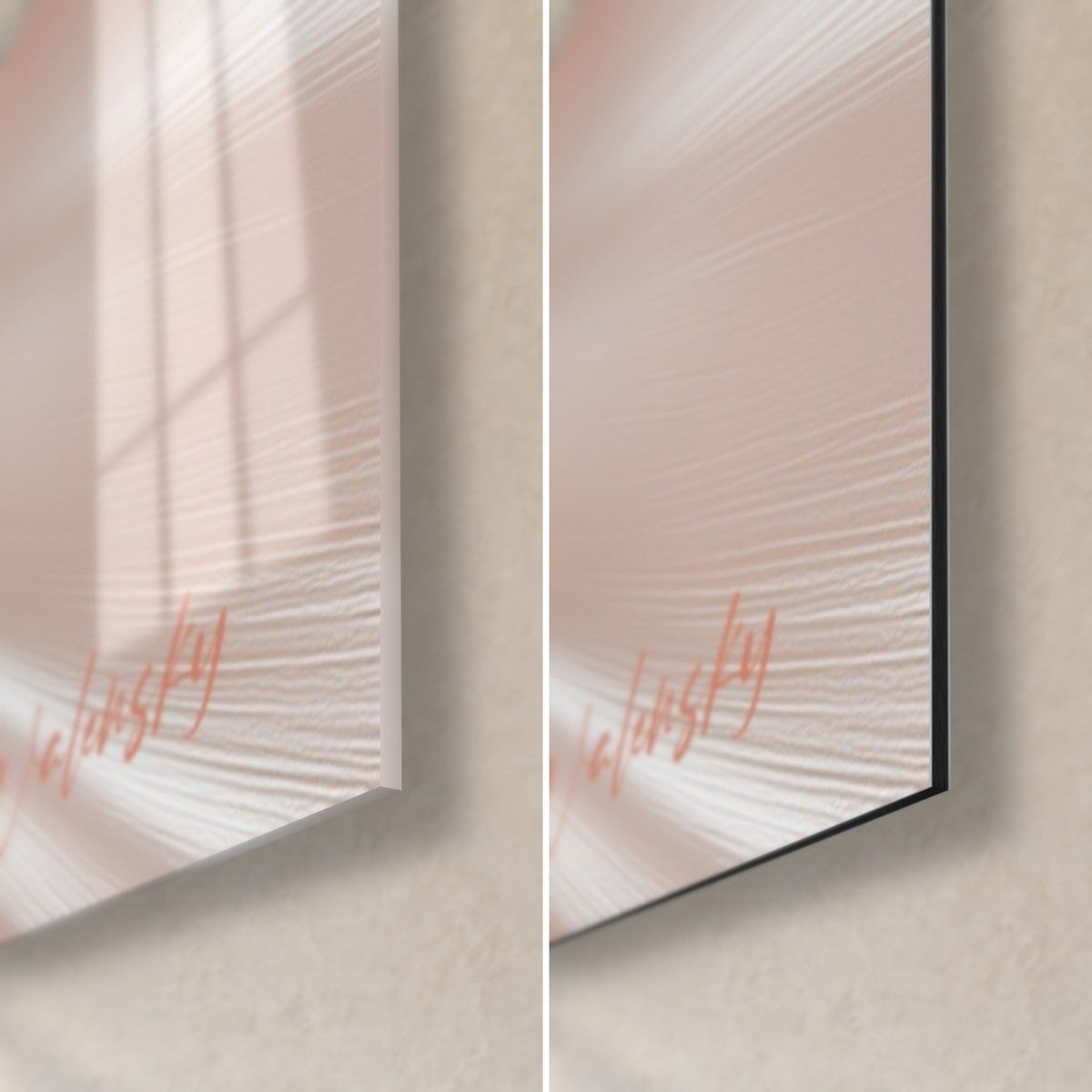 Tableau vagues de soie cuivre et rose pâle, coin bas droit : verre acrylique brillant à reflets, alu Dibond mat noir, tranche de 3 mm