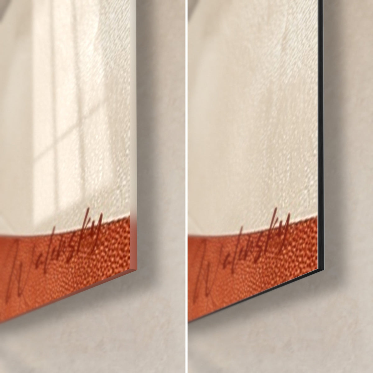 Quadro curvo in avorio e ruggine, angolo in basso a destra: vetro lucido con riflessi, Dibond nero opaco, bordo da 3 mm