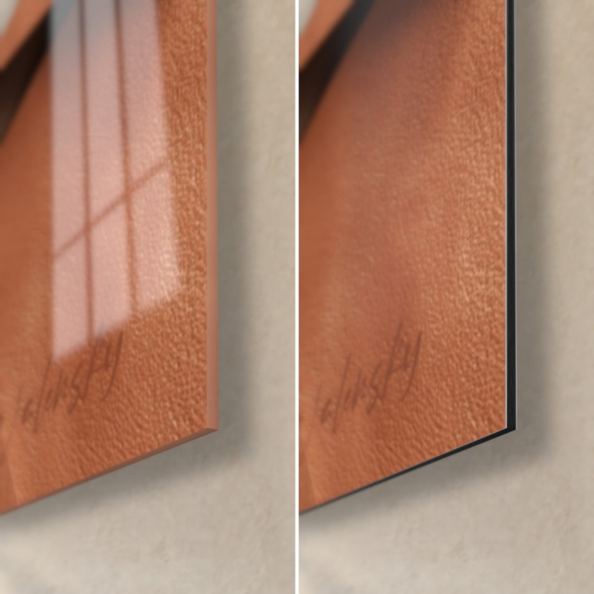 Wall art with a mosaic of brick and sand leather, bottom right corner in glossy glass and matte Dibond, slim 3 mm edge