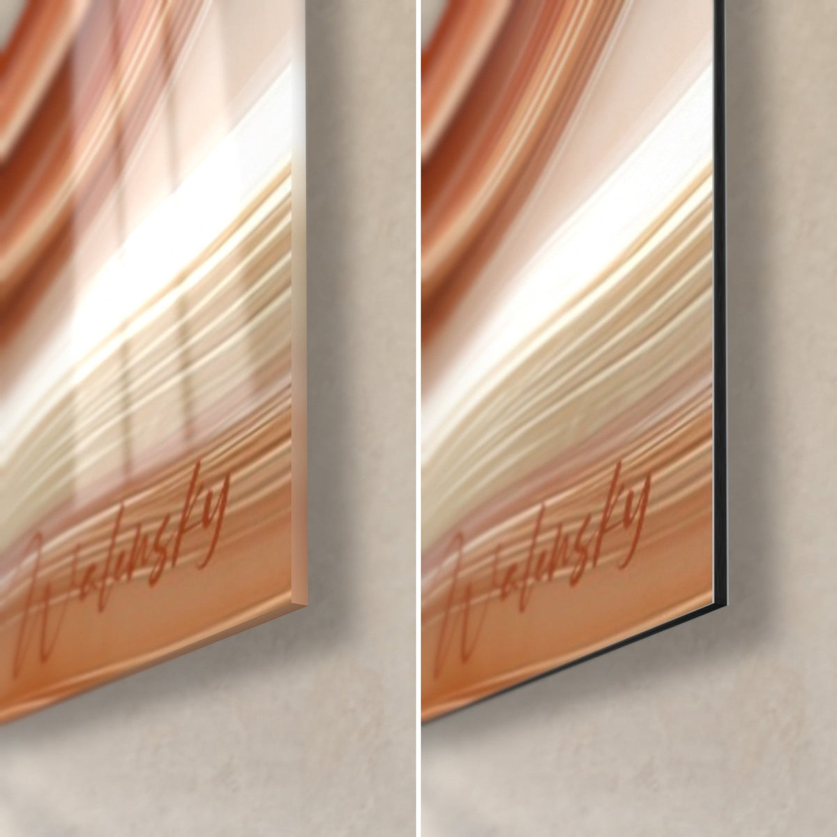 Quadro con colata cristallizzata rame e crema, angolo in basso a destra: vetro acrilico lucido e Dibond opaco, bordo da 3 mm