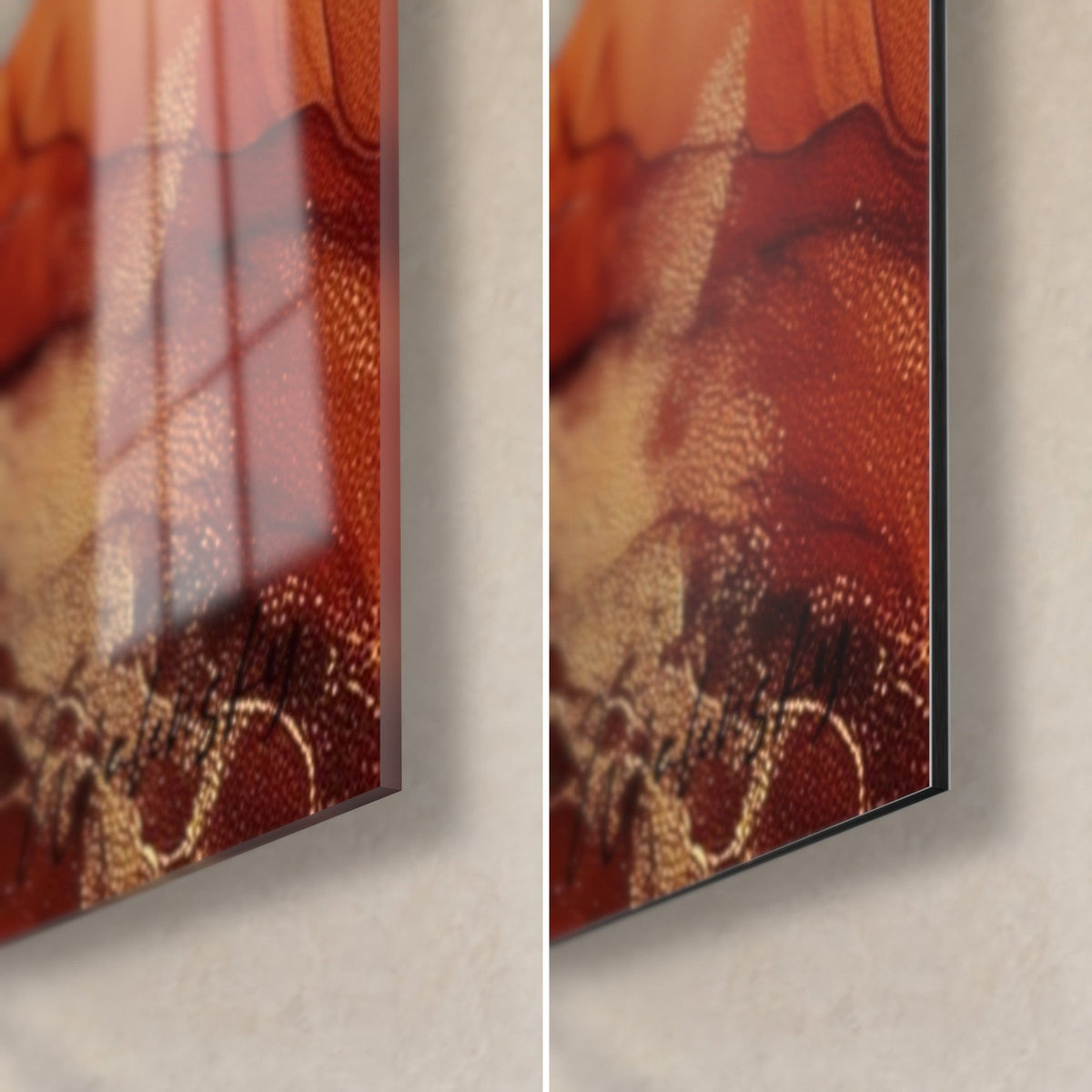 Wall art with abstract rust and gold agate, bottom right corner: glossy acrylic glass on the left, matte Dibond aluminium on the right, 3 mm edge