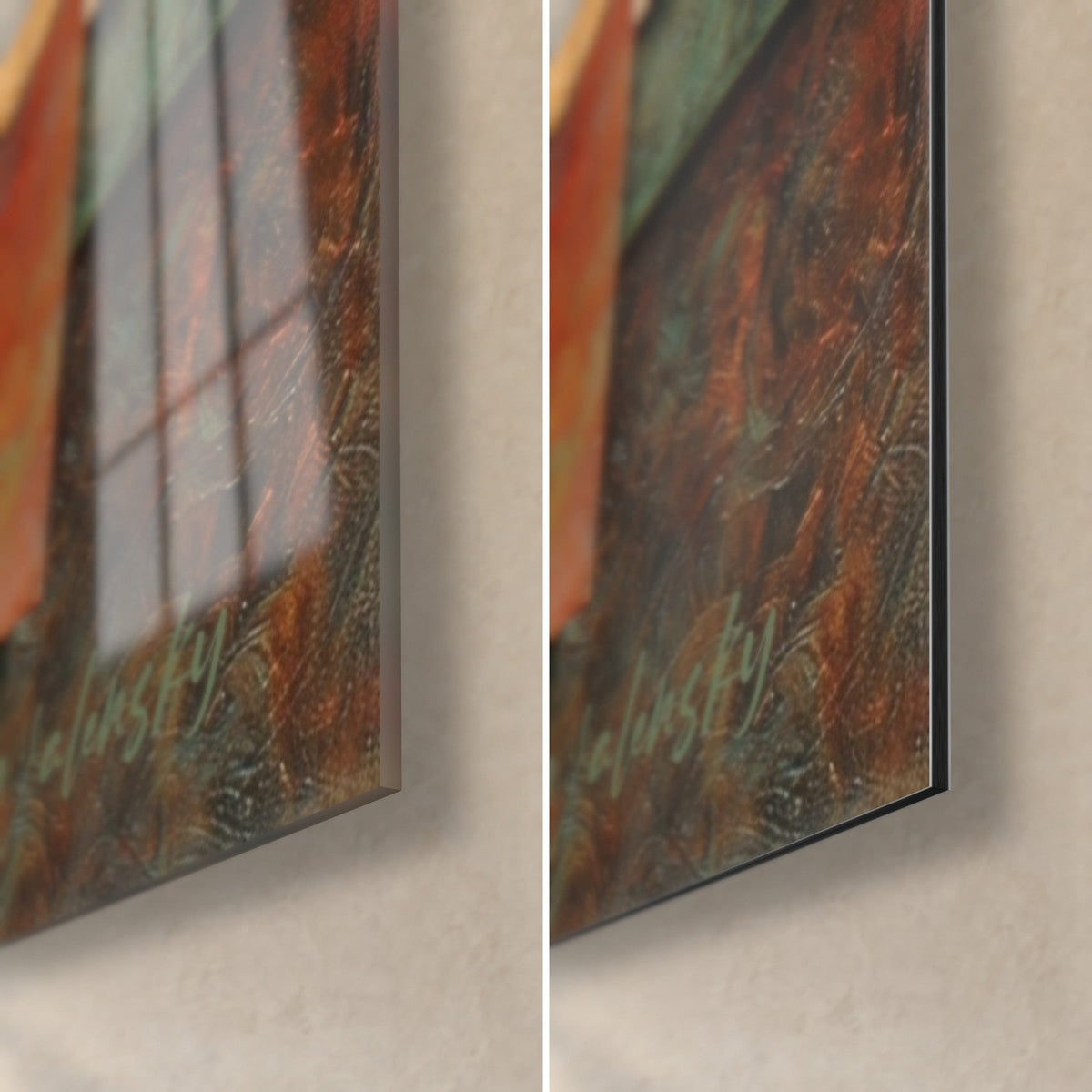 Wall art with gold circles and terracotta panels, bottom right corner detail: glossy acrylic glass on the left, matte black Dibond on the right, 3 mm edge
