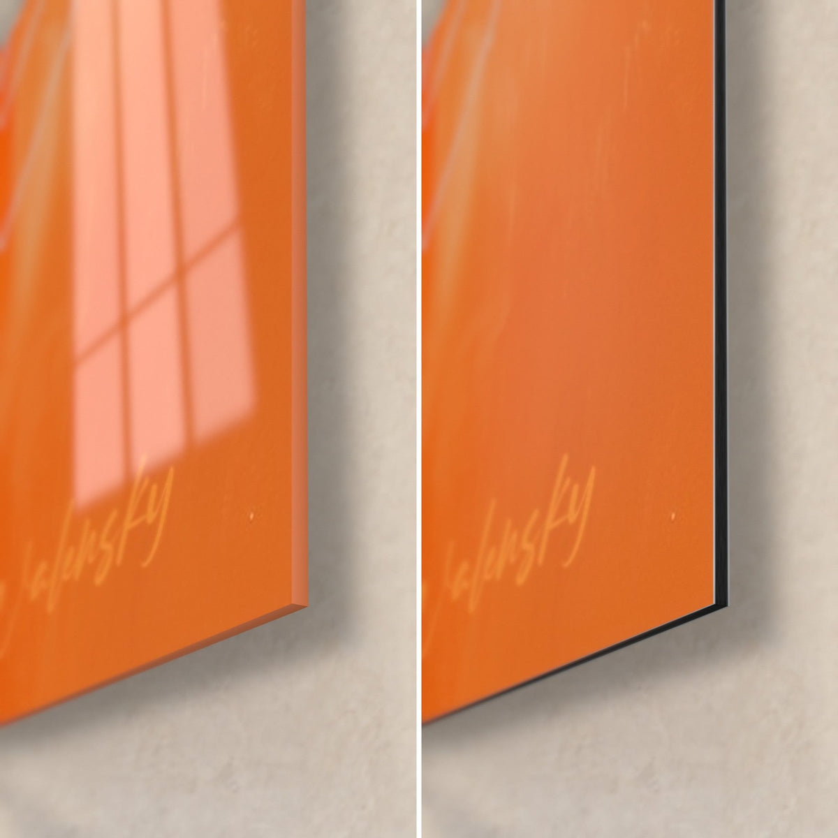 Tableau spirales blanches sur orange éclatant, coin bas droit signé, verre acrylique brillant à gauche, Dibond noir mat à droite