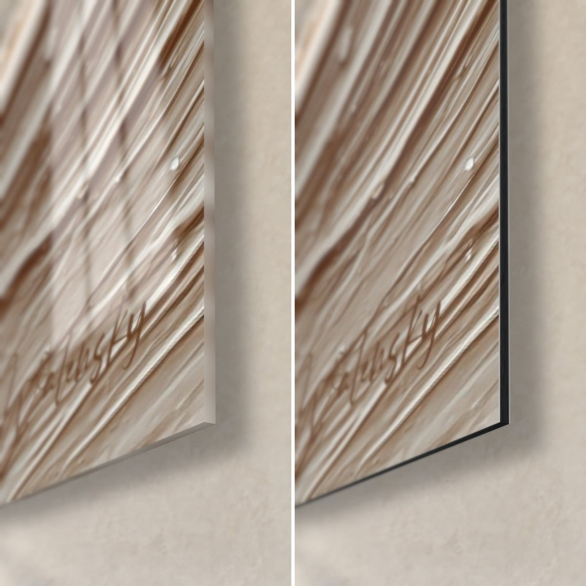 Wall art wave of cream matter on brick, bottom right corner: glossy glass on the left, matte black Dibond on the right, 3 mm edge