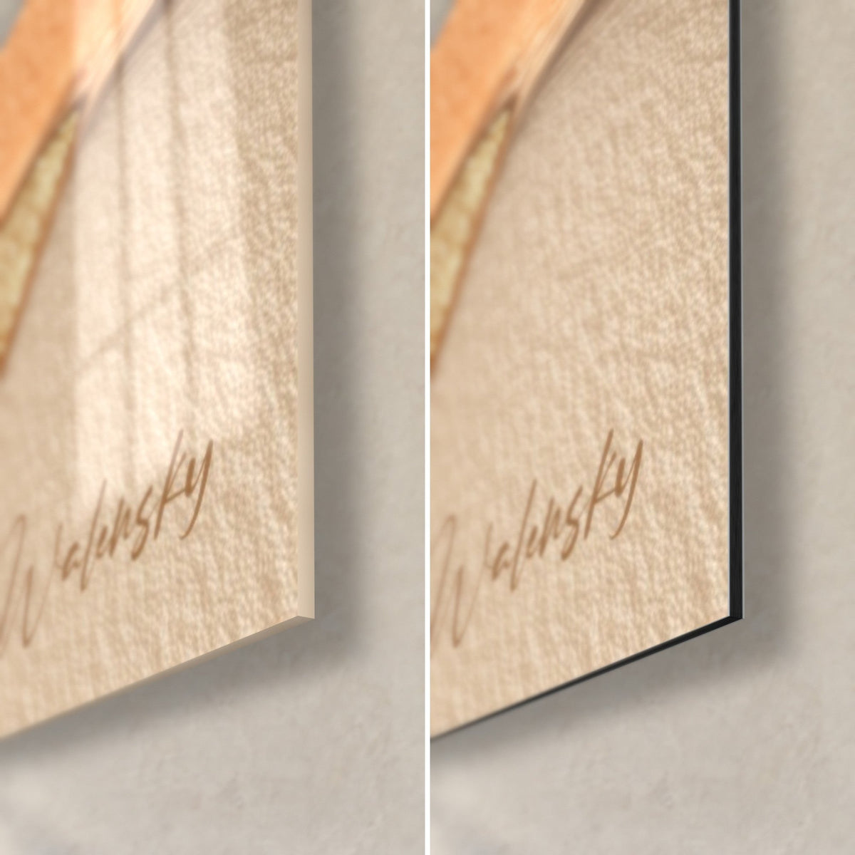 Wall art with orange layers of paint, bottom right corner: glossy acrylic glass on the left, matte black Dibond aluminum on the right, 3 mm edge
