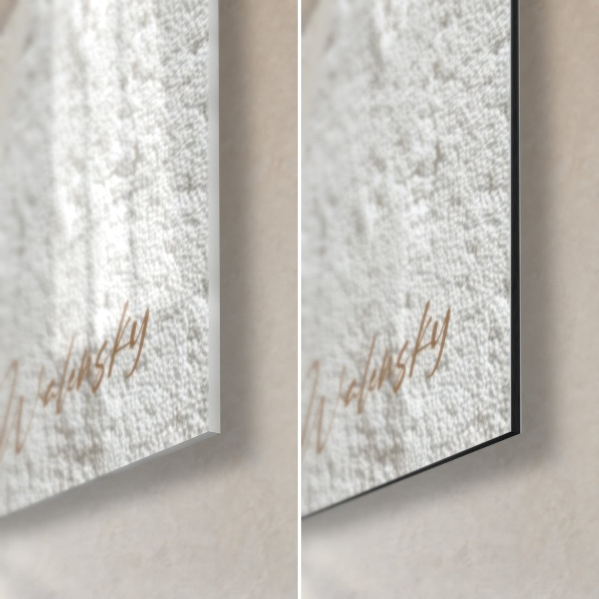 Wall art with sinuous reliefs in cream white, bottom right corner: glossy acrylic glass with reflections, matte brushed Dibond aluminum and 3 mm edge