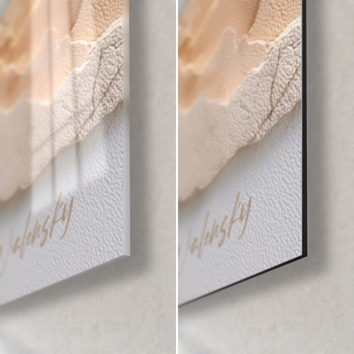 Wall art sculpted white and amber cliff, bottom right corner: glossy acrylic glass on the left, matte Dibond aluminium on the right, black edge