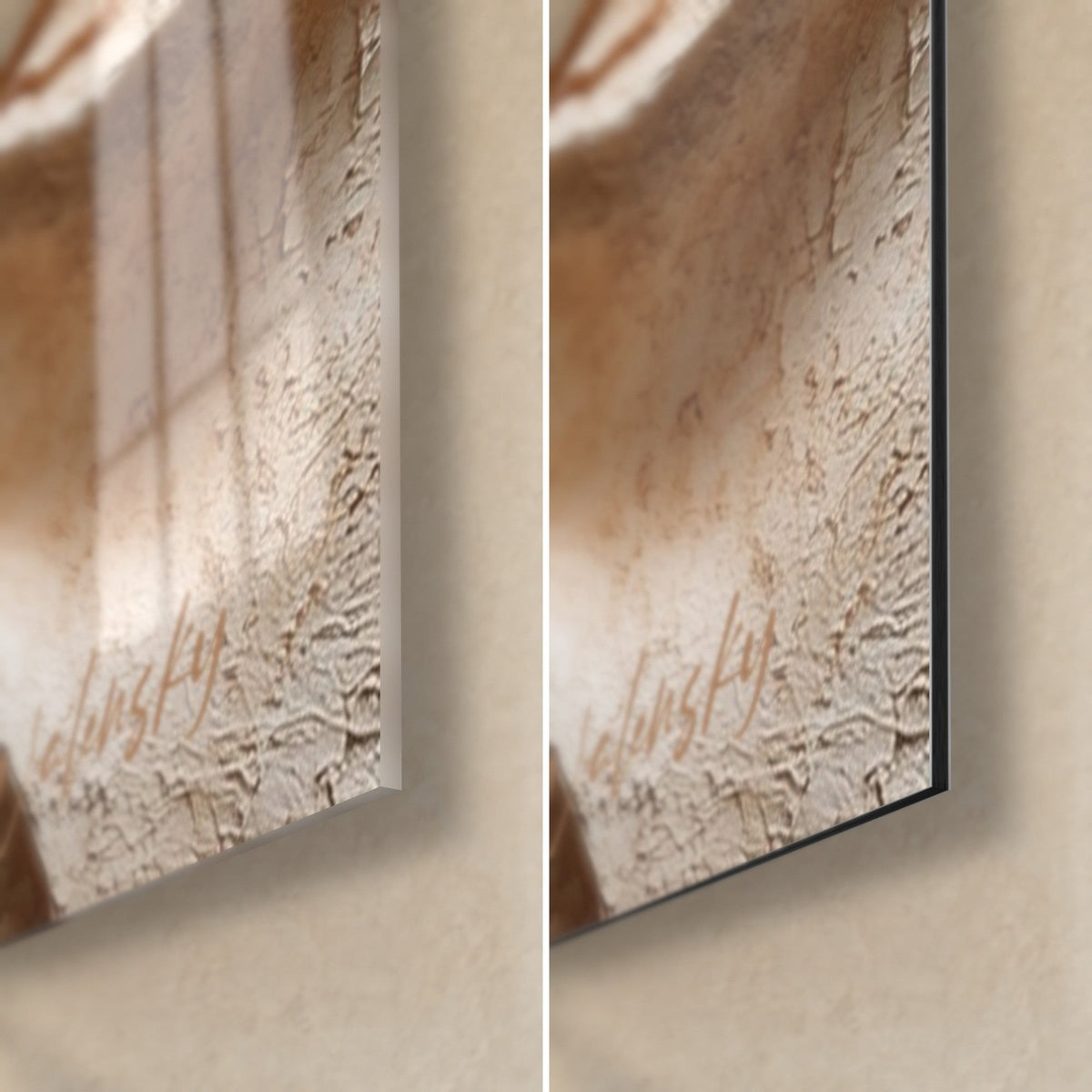 Tableau vagues torsadées beige et brun, coin bas droit : verre acrylique brillant à gauche, alu Dibond mat à droite, tranche 3 mm