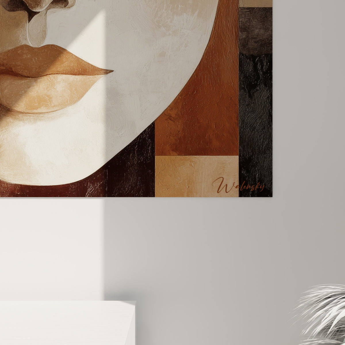 Empâtements bruns et beiges sur le visage, textures granuleuses entre lèvres cuivrées et paupière ocre