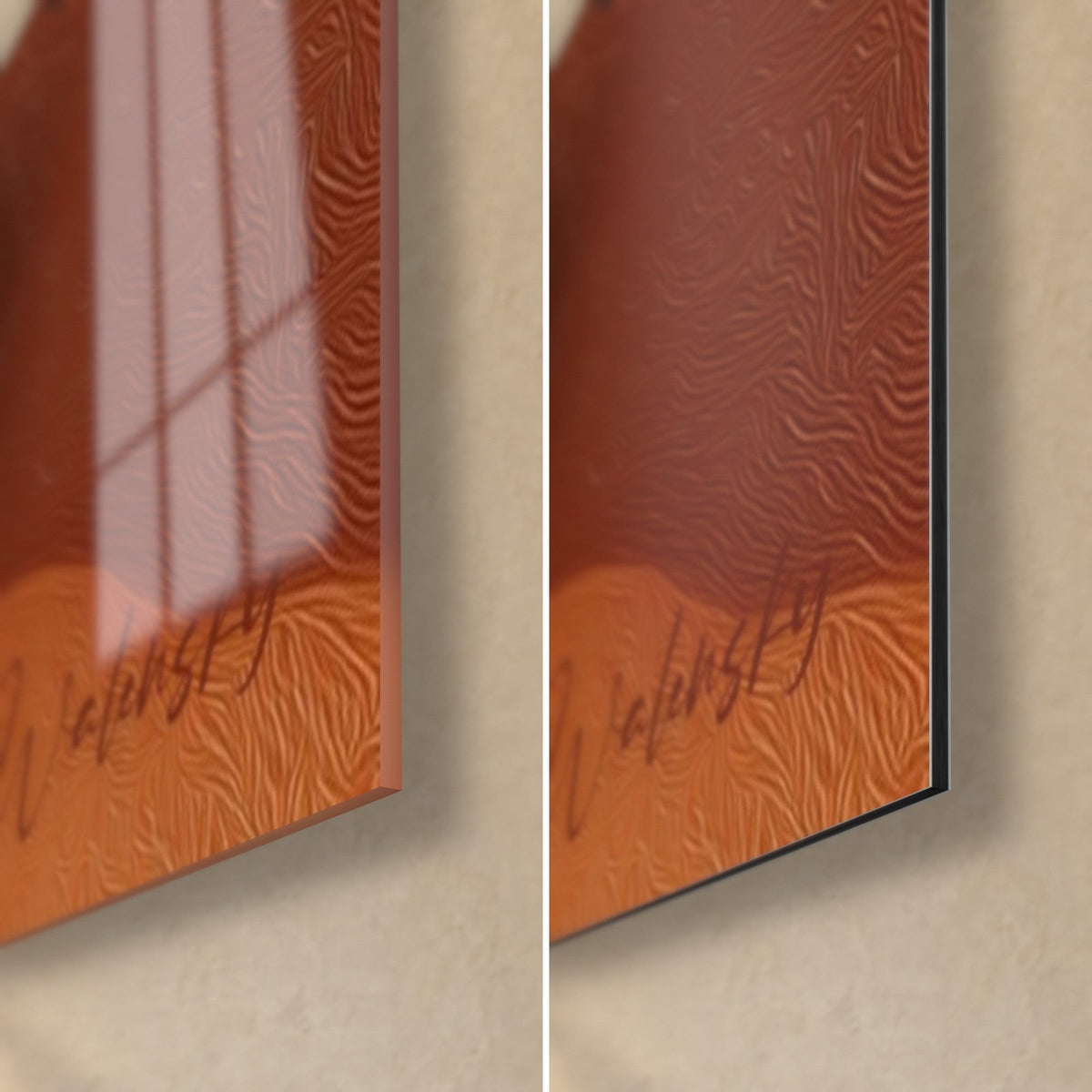 Wall art stylized face in ivory and burnt orange, bottom right corner: glossy acrylic glass on the left, matte Dibond on the right, 3 mm edge