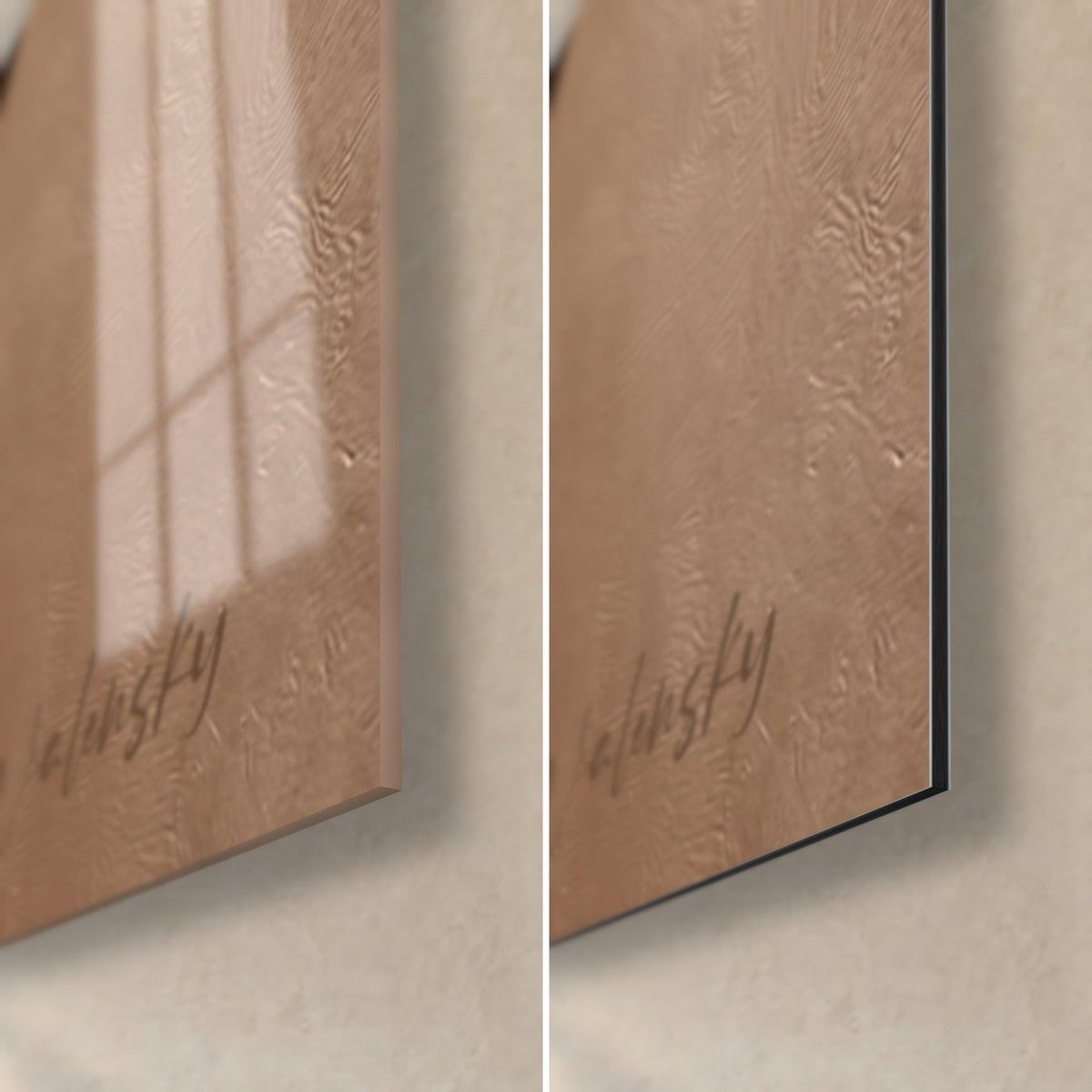 Wall art with sculpted brown and sand curves, bottom right corner: glossy acrylic glass on the left, matte Dibond on the right, 3 mm edge