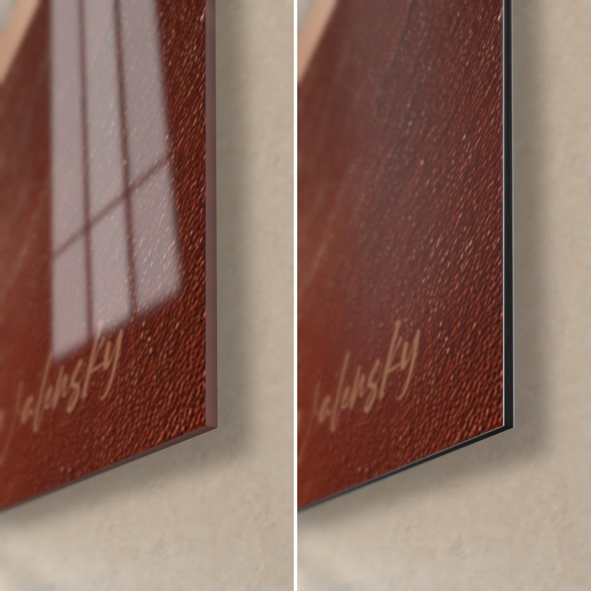 Tableau vagues brique et crème, coin bas droit : verre acrylique brillant reflétant la fenêtre, alu Dibond mat grainé, tranche fine
