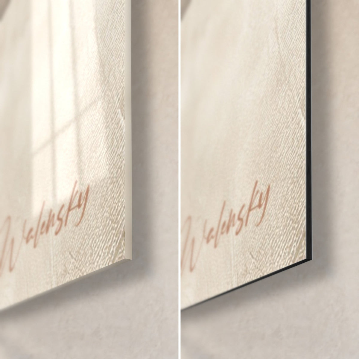 Wall art with a terracotta and cream arabesque, bottom right corner: glossy acrylic glass on the left, matte Dibond on the right, 3 mm edge