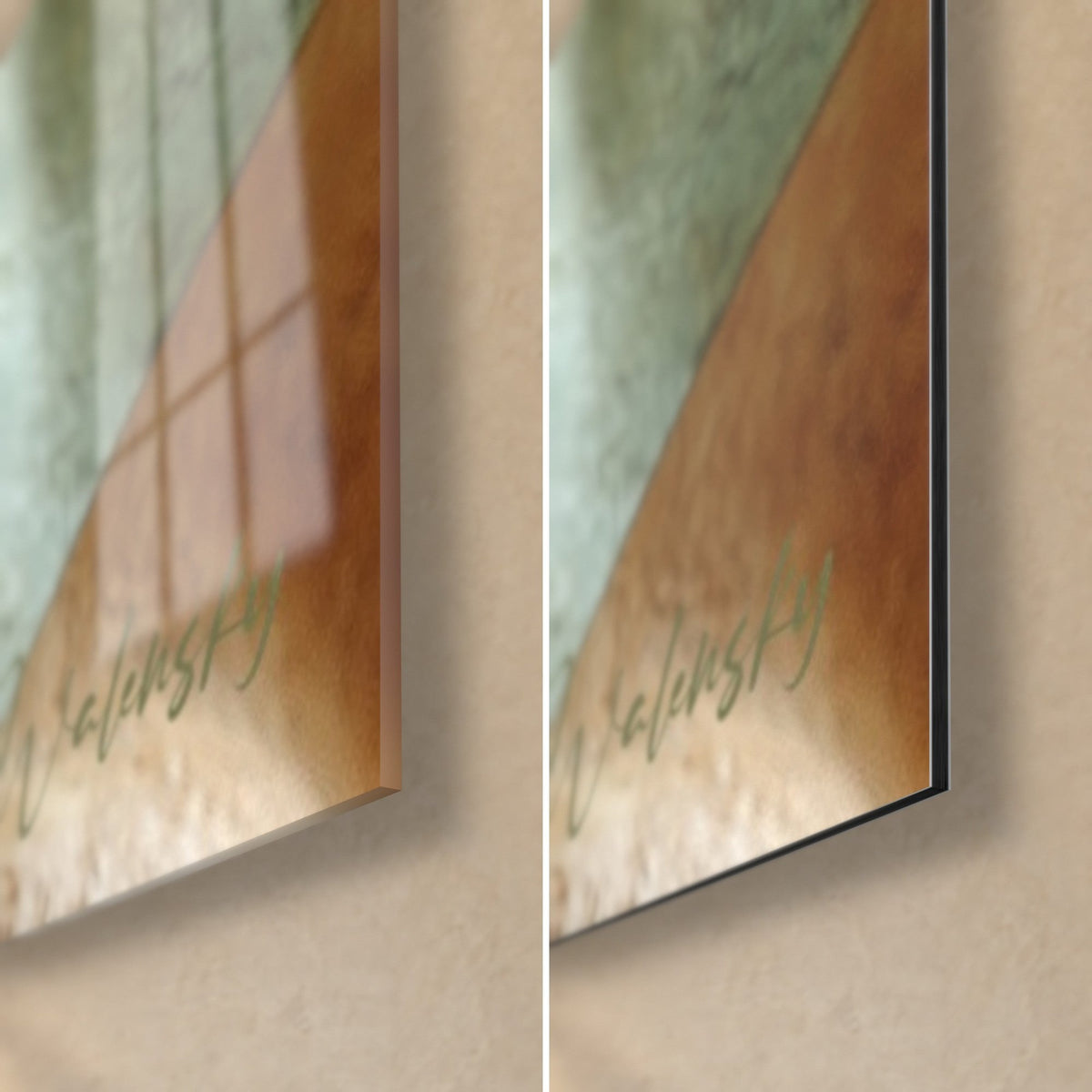 Gemälde mineralische Drapierungen in Rostorange und Salbeigrün, untere rechte Ecke: glänzendes Acrylglas links, matte Dibond-Alu rechts