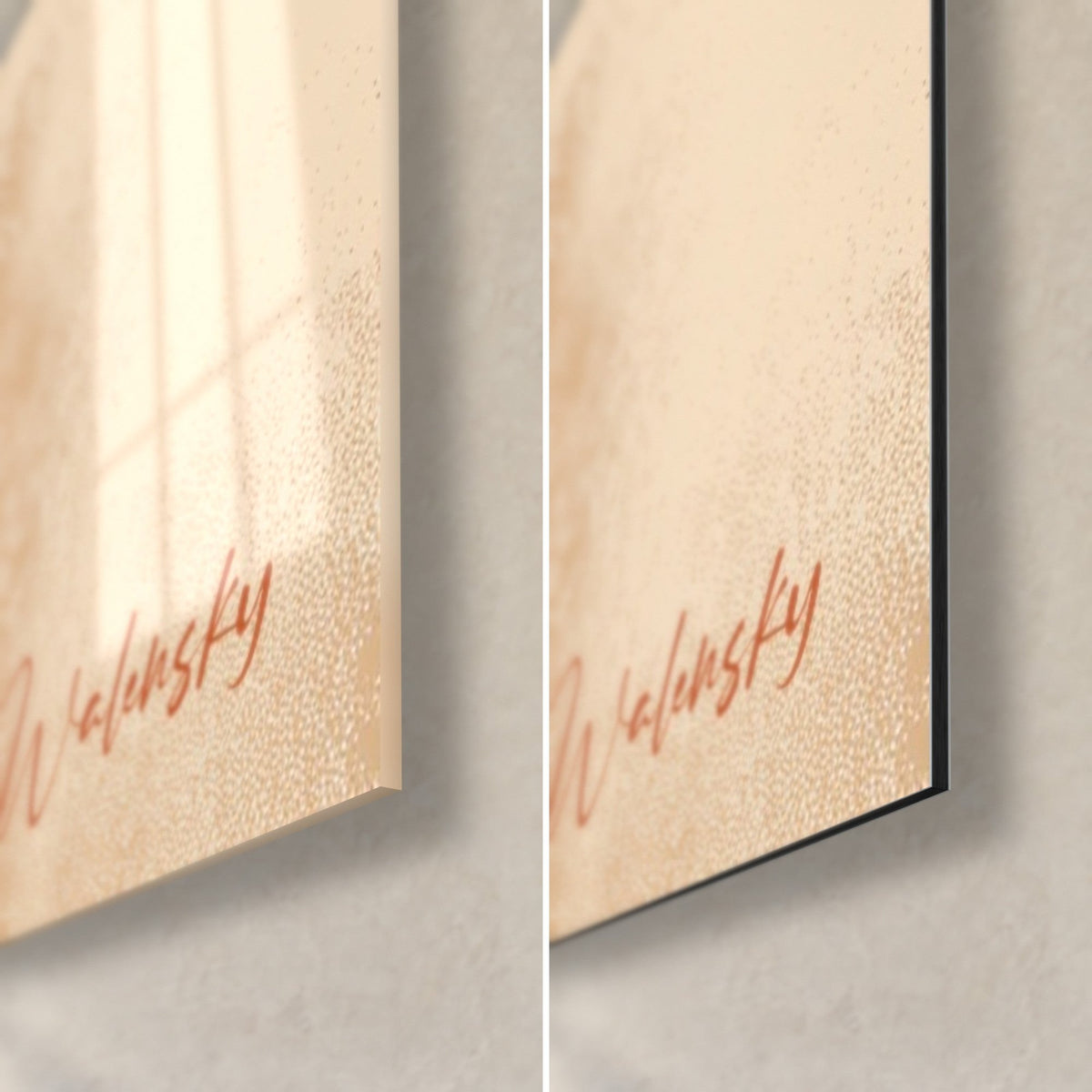 Wall art brown hands under a rust-colored disc, bottom right corner: glossy acrylic glass on the left, matte beige Dibond on the right, 3 mm black edge
