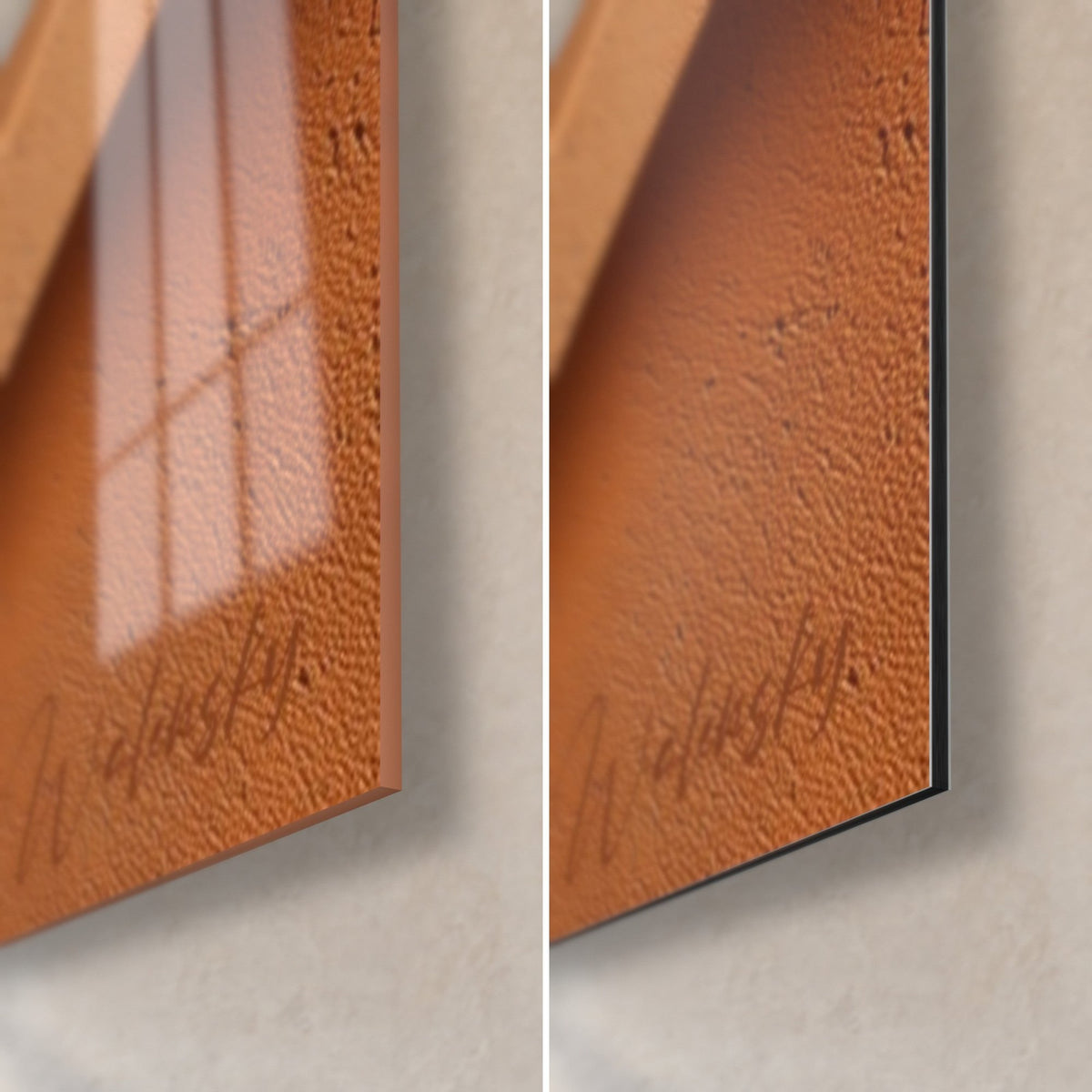 Cuadro de duna esculpida en terracota, esquina inferior derecha: cristal acrílico brillante con reflejos de ventana, Dibond mate a la derecha, canto de 3 mm