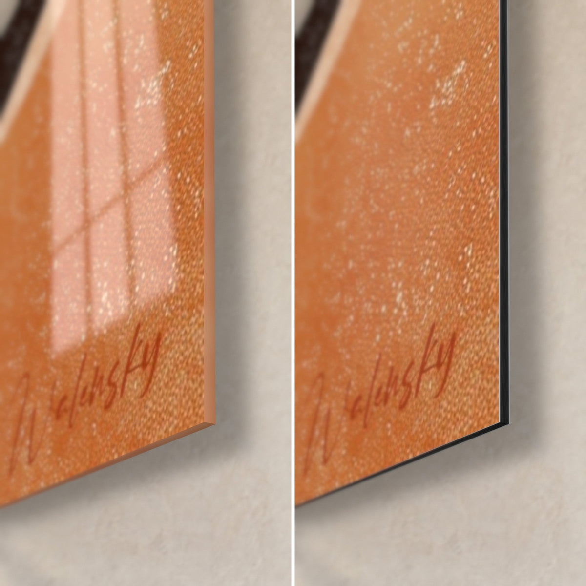 Gemälde Sonnenopfer, untere rechte Ecke: kupferfarbene Signatur auf glänzendem Acrylglas links, mattes orangefarbenes Dibond rechts
