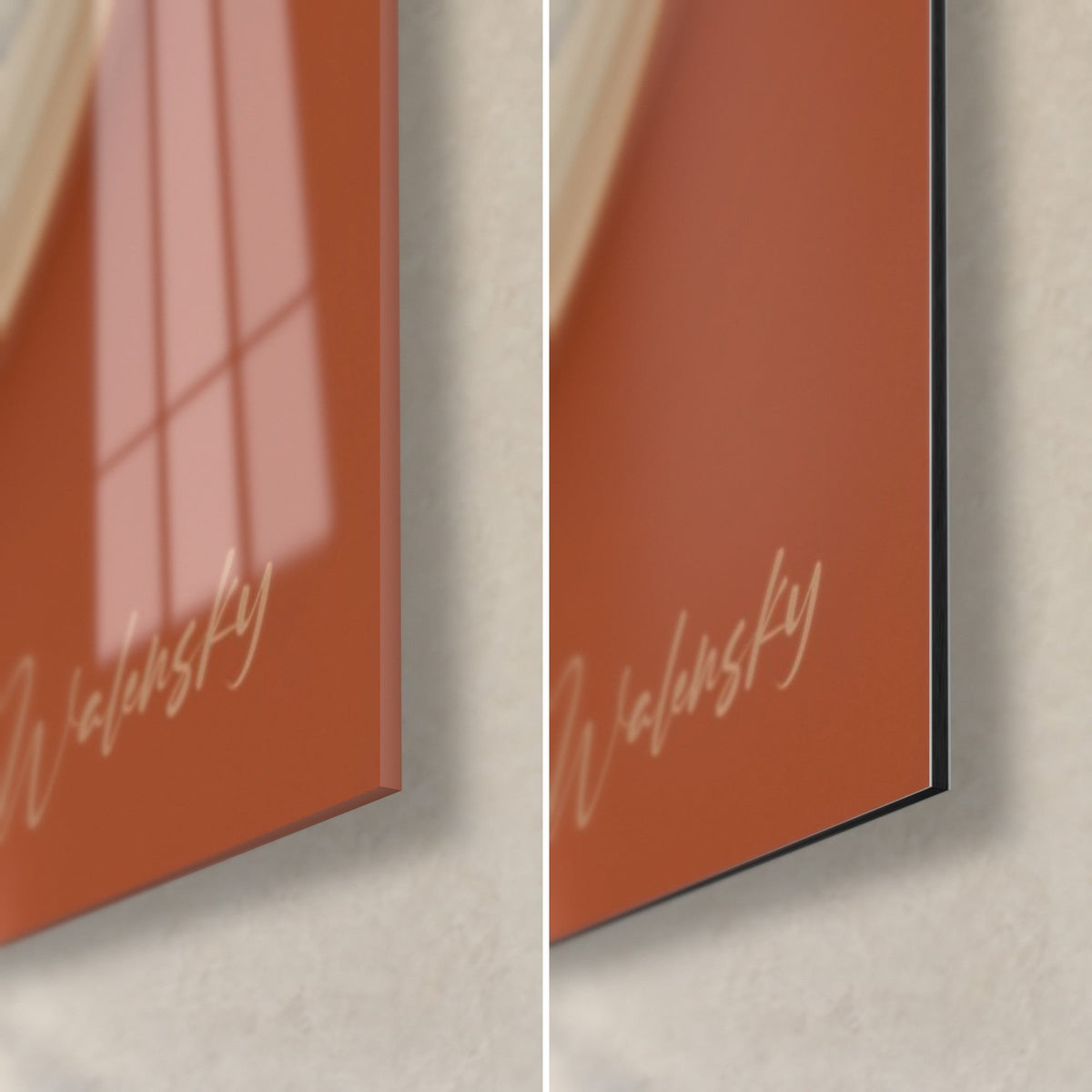 Wall art with a terracotta dahlia, bottom right corner: glossy acrylic glass with window reflections, matte black Dibond aluminium and 3 mm edge