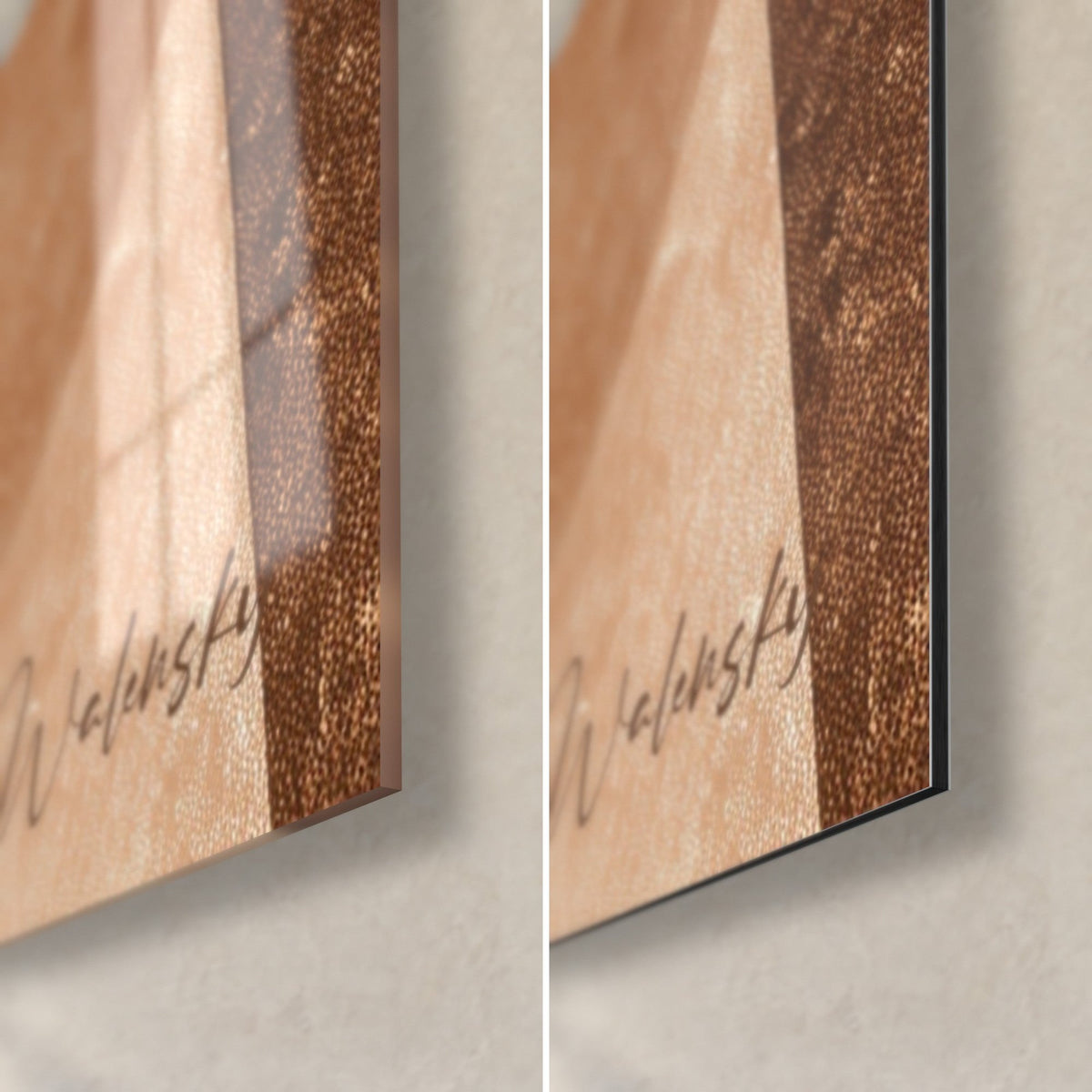 Obraz nakładające się twarze, dolny prawy róg: błyszczące pomarańczowe szkło akrylowe po lewej, matowe brązowe aluminium Dibond po prawej, sygnatura Walensky