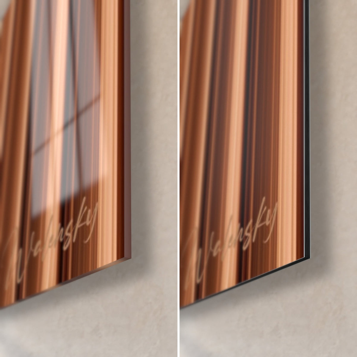 Cuadro de bandas sinuosas en cobre y beige, esquina inferior derecha: cristal brillante con reflejos a la izquierda, Dibond mate a la derecha, canto de 3 mm