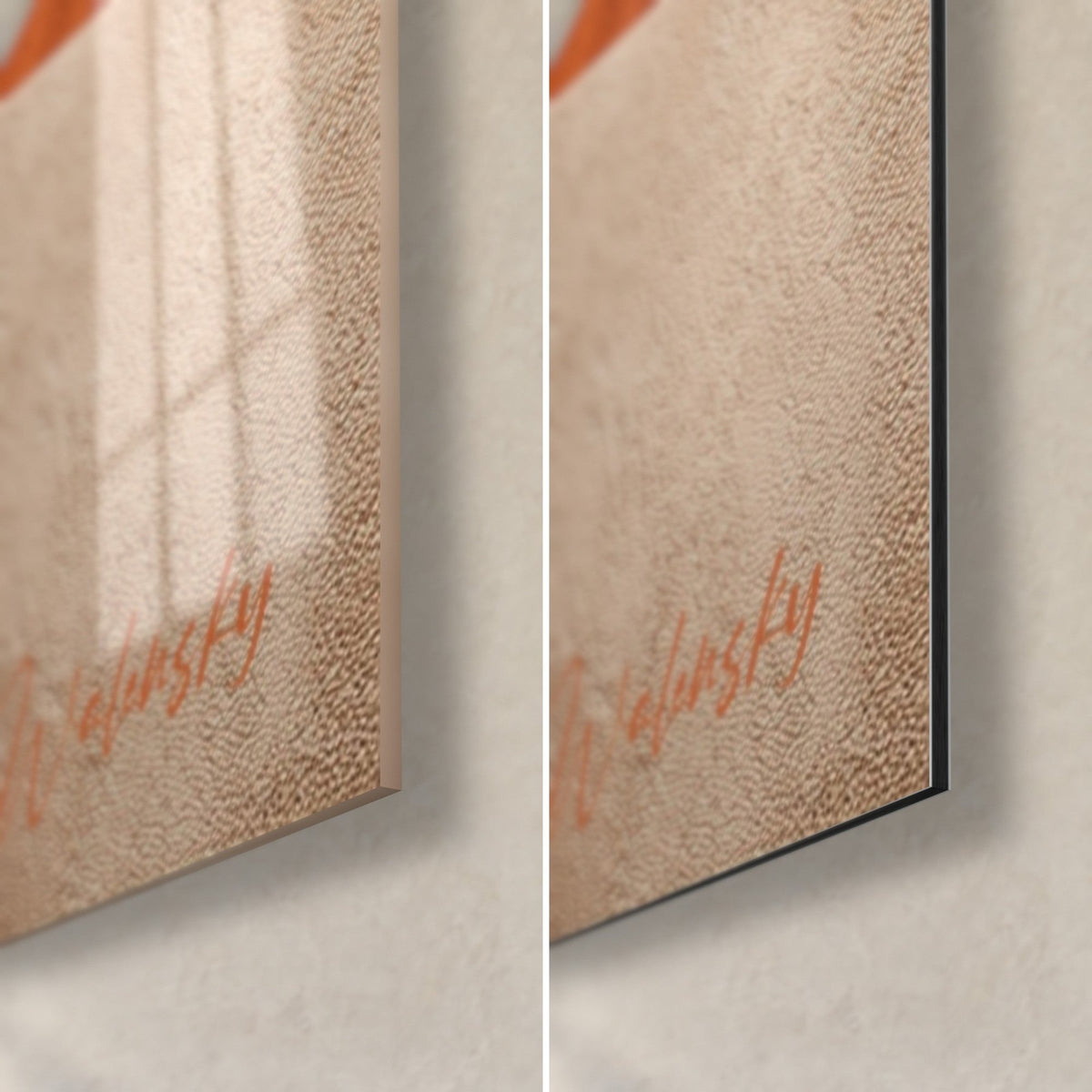 Tableau spirale sculptée crème et brique, coin bas droit : verre acrylique brillant à gauche, alu Dibond mat à droite, tranche 3 mm