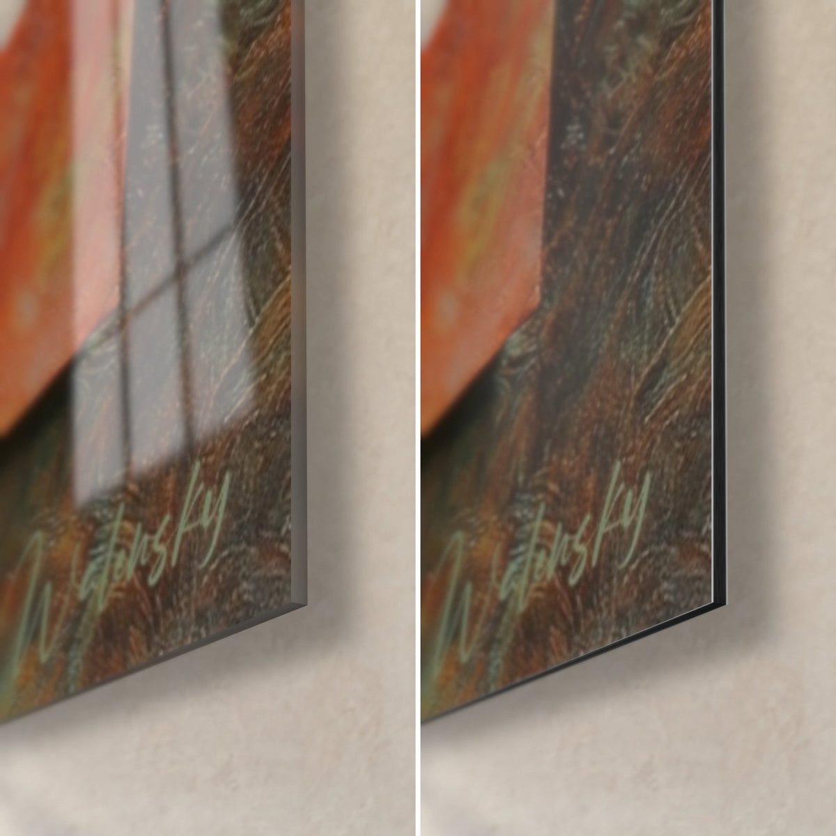 Cuadro de placas geométricas doradas y óxido, esquina inferior derecha: cristal brillante con reflejos a la izquierda, Dibond mate a la derecha, canto de 3 mm