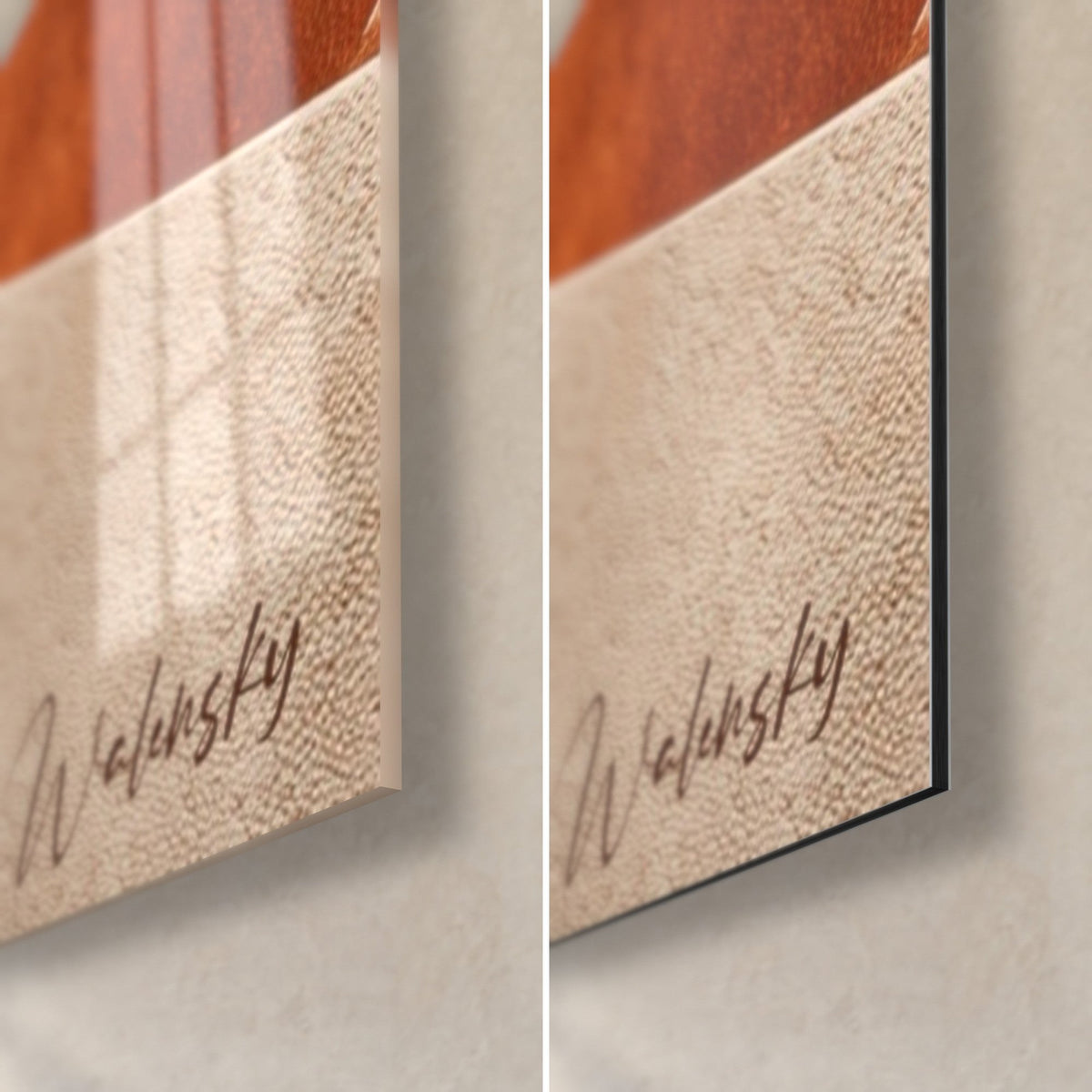 Schilderij met gebeeldhouwde zand- en roestkleurige bogen, rechtsonder: glanzend acrylglas met reflecties, mat Dibond-aluminium, rand van 3 mm