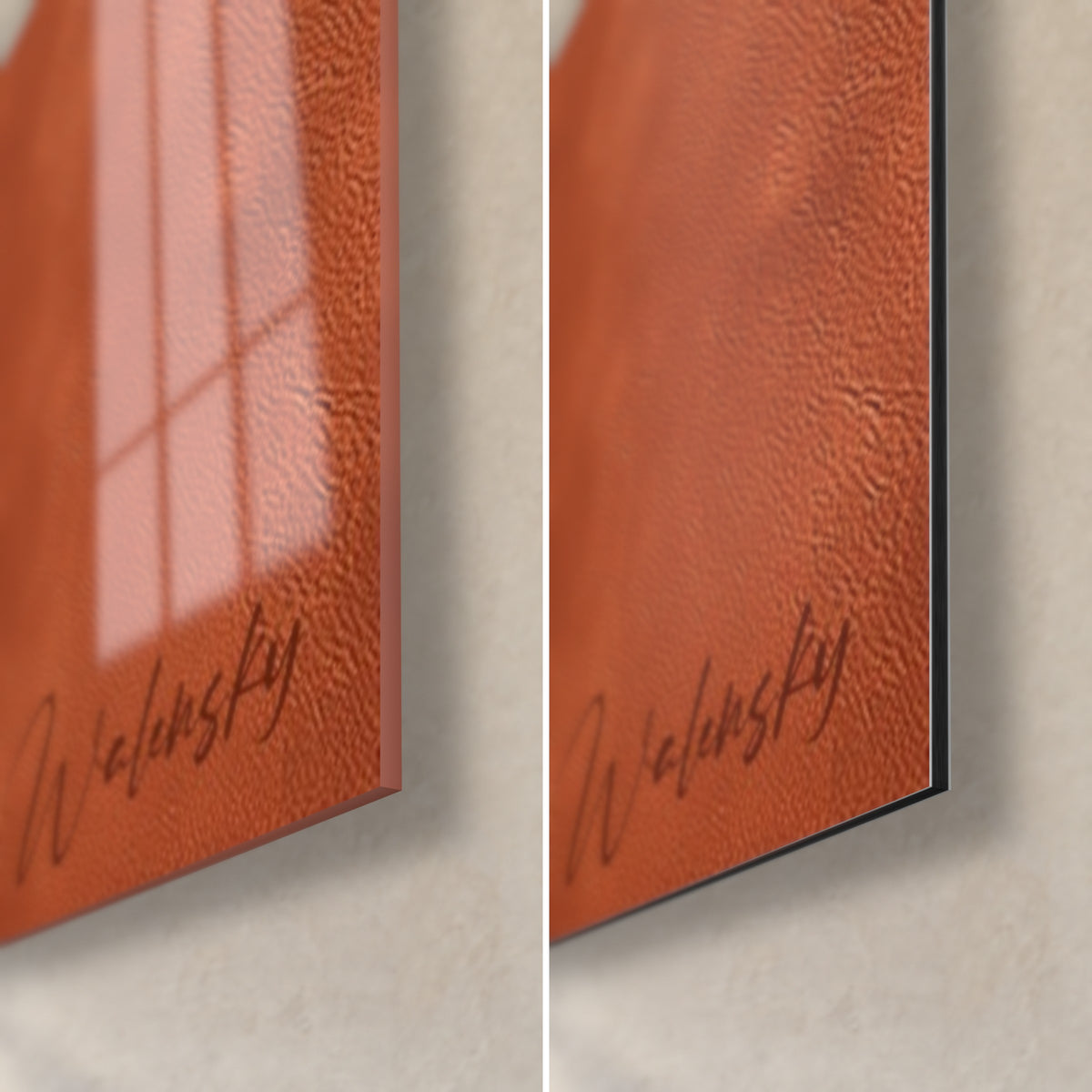Wall art arch composition in brick and ochre, bottom right corner: glossy acrylic glass on the left, matt Dibond aluminium on the right, 3 mm edge