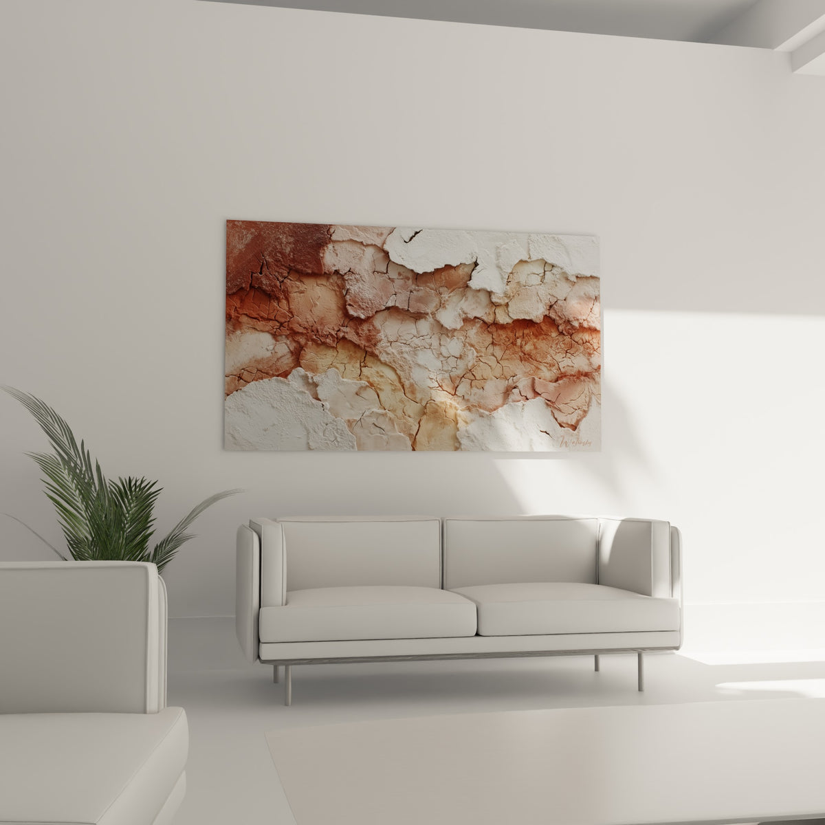 Motif craquelé brique et blanc à la texture organique, installé au-dessus d'un canapé dans un salon lumineux.