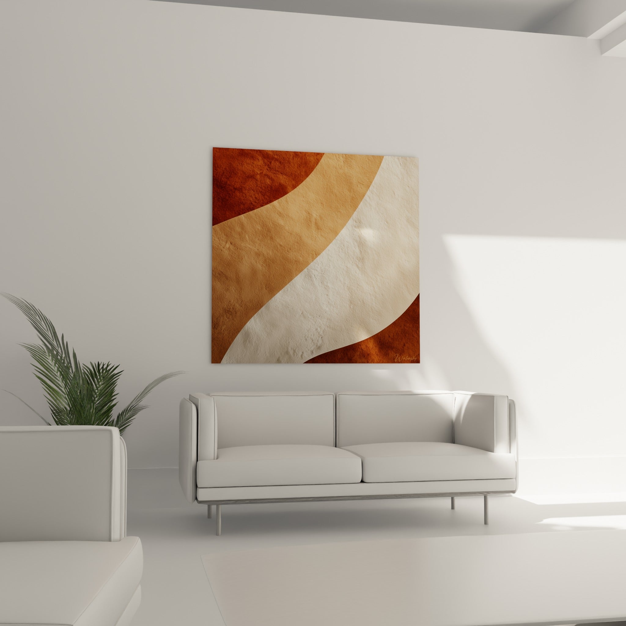 Composition brique et blanc cassé de ce tableau terracotta au-dessus d'un canapé dans un salon lumineux
