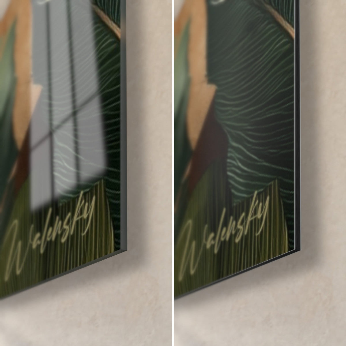 Wall art of green banana foliage and a terracotta sun, bottom right corner: glossy glass on the left, matte Dibond on the right, 3 mm edge