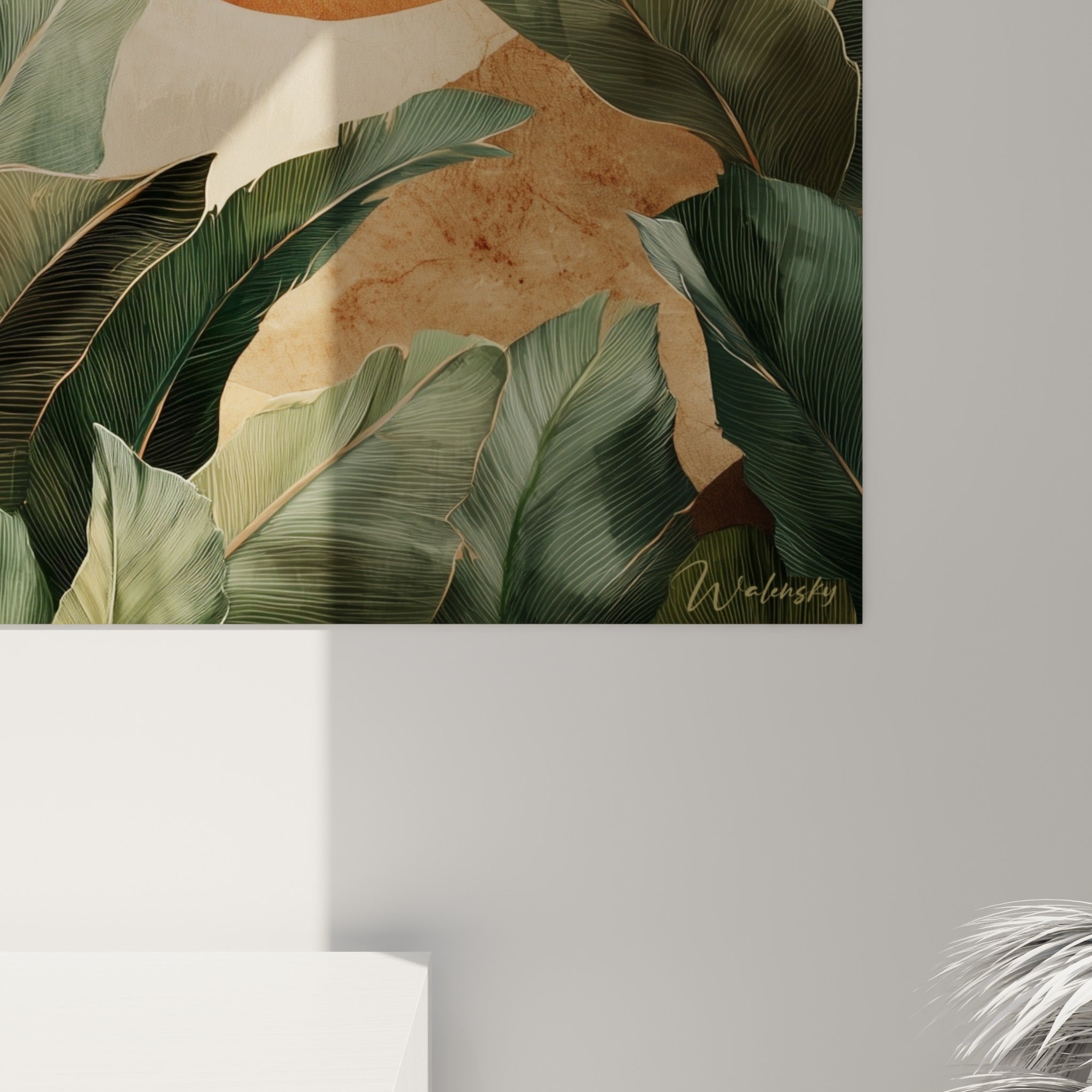 Nervures fines des feuilles vertes et texture granuleuse du soleil ocre visibles de près sur la toile