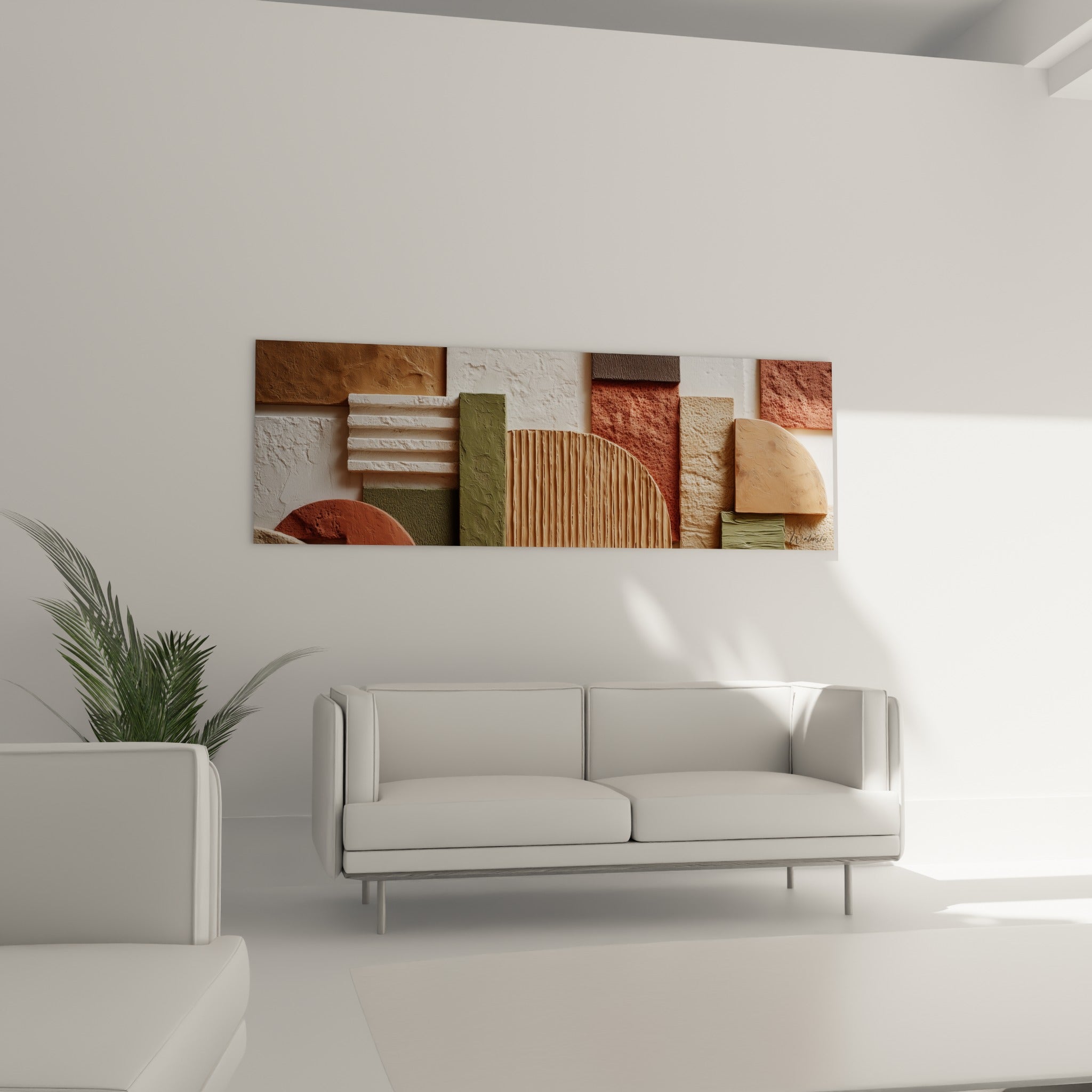 Assemblage Terracotta de formes texturées orange et vertes au-dessus d'un canapé dans un salon lumineux