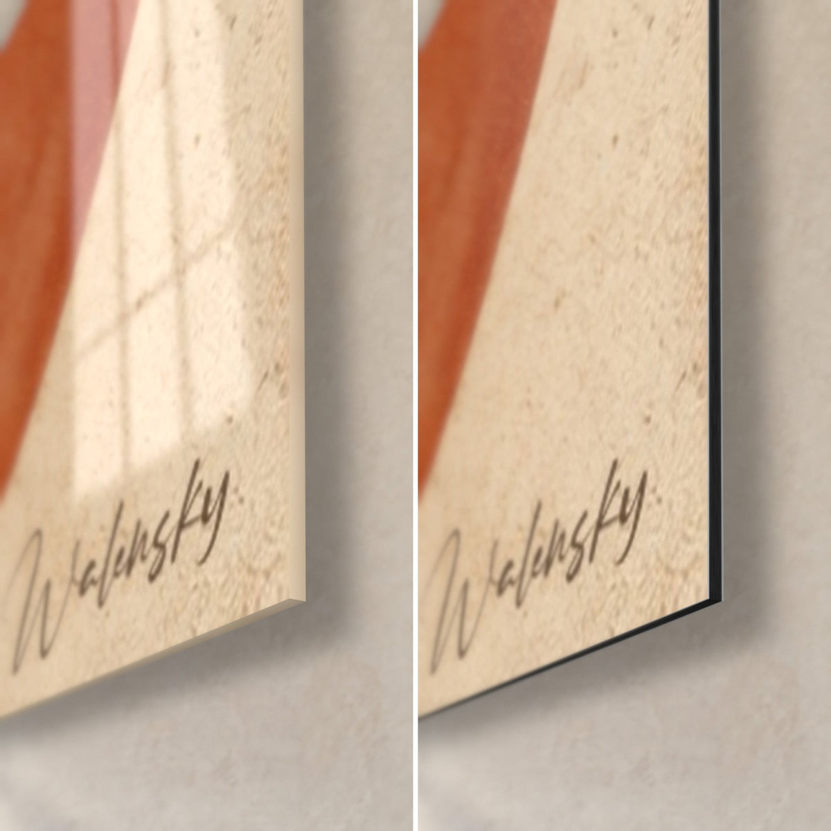 Schilderij met ovalen in marineblauw en terracotta, rechtsonder hoek: glanzend glas links, mat Dibond rechts, Walensky-signatuur