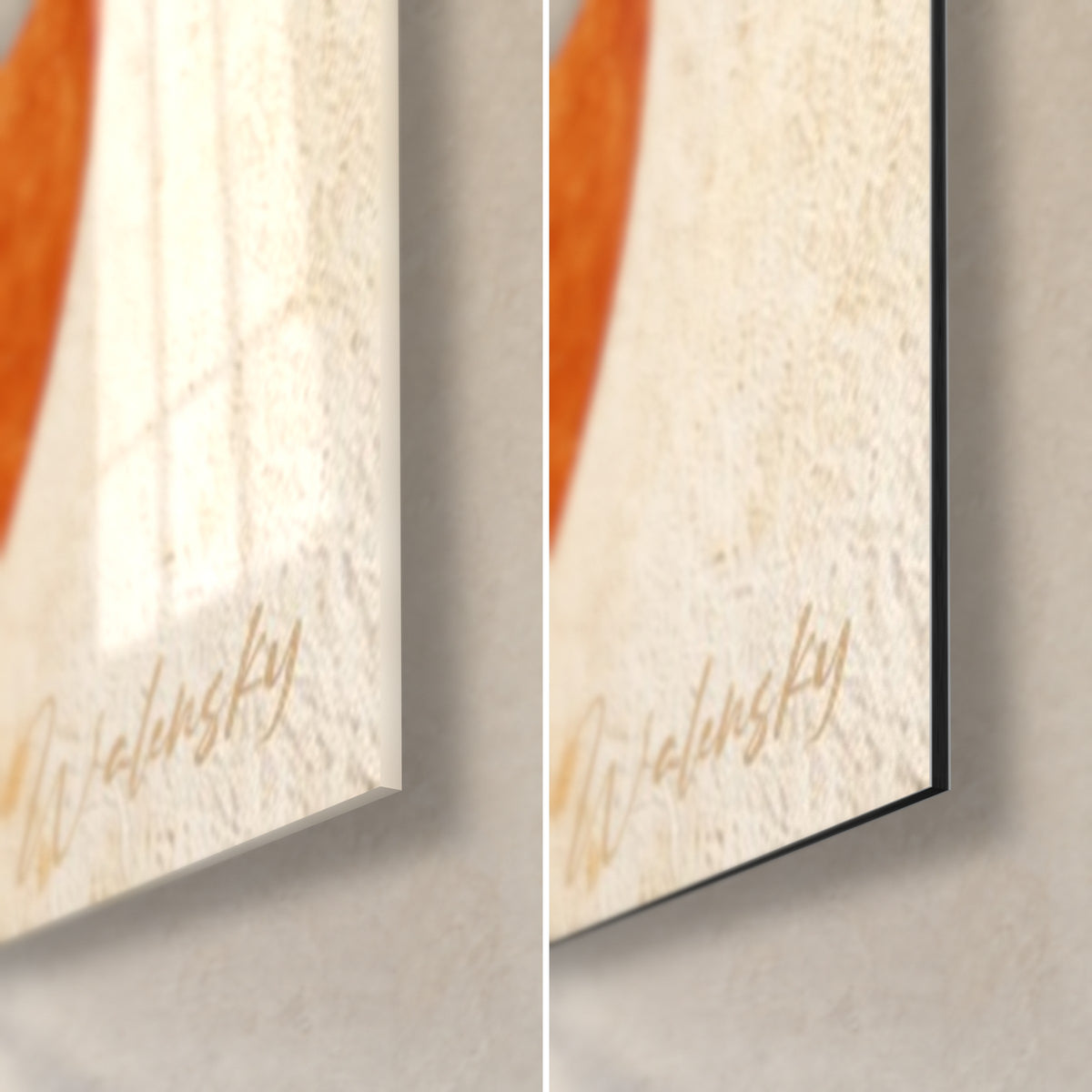 Quadro con silhouette sinuose ruggine e sabbia, angolo in basso a destra: vetro acrilico lucido a sinistra, alluminio Dibond opaco a destra, spessore 3 mm