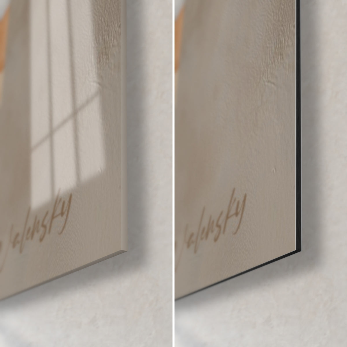 Tableau profil abstrait en terre cuite et crème, coin bas droit : verre acrylique brillant à gauche, alu Dibond mat à droite, tranche de 3 mm